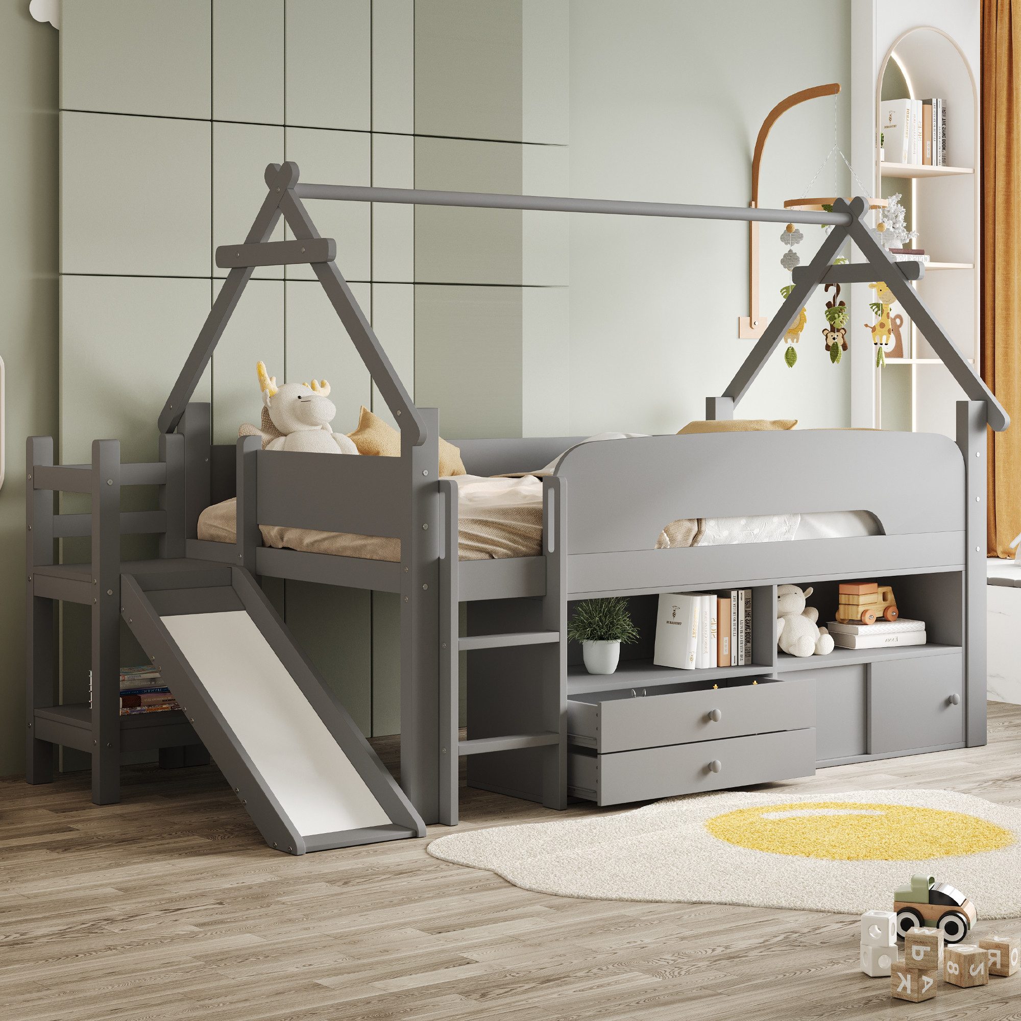 Flieks Kinderbett, Hausbett Hochbett Einzelbett 90x200cm mit Rutsche und vielem Stauraum