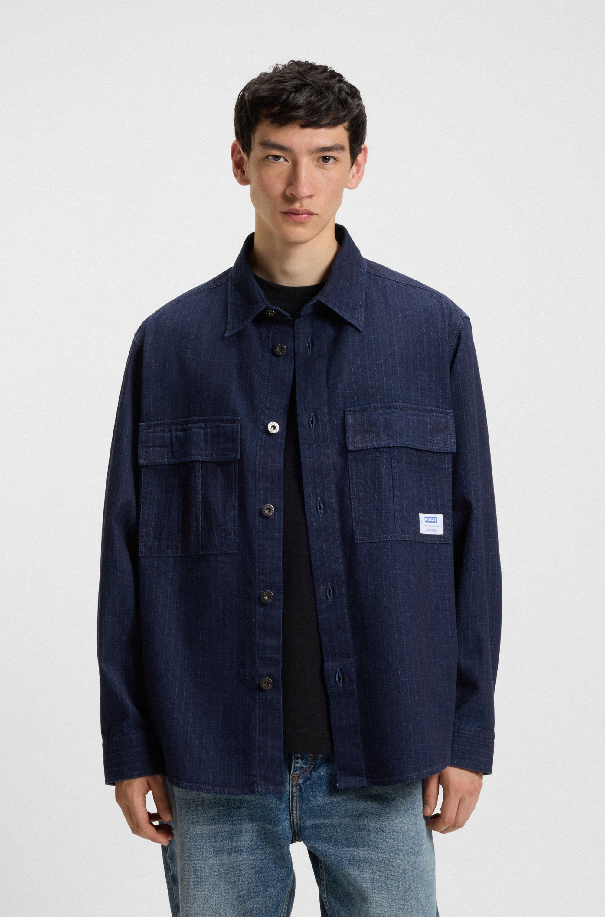 HUGO Blue Langarmhemd Ebargo Kentkragen, oversize fit, Denim-Optik