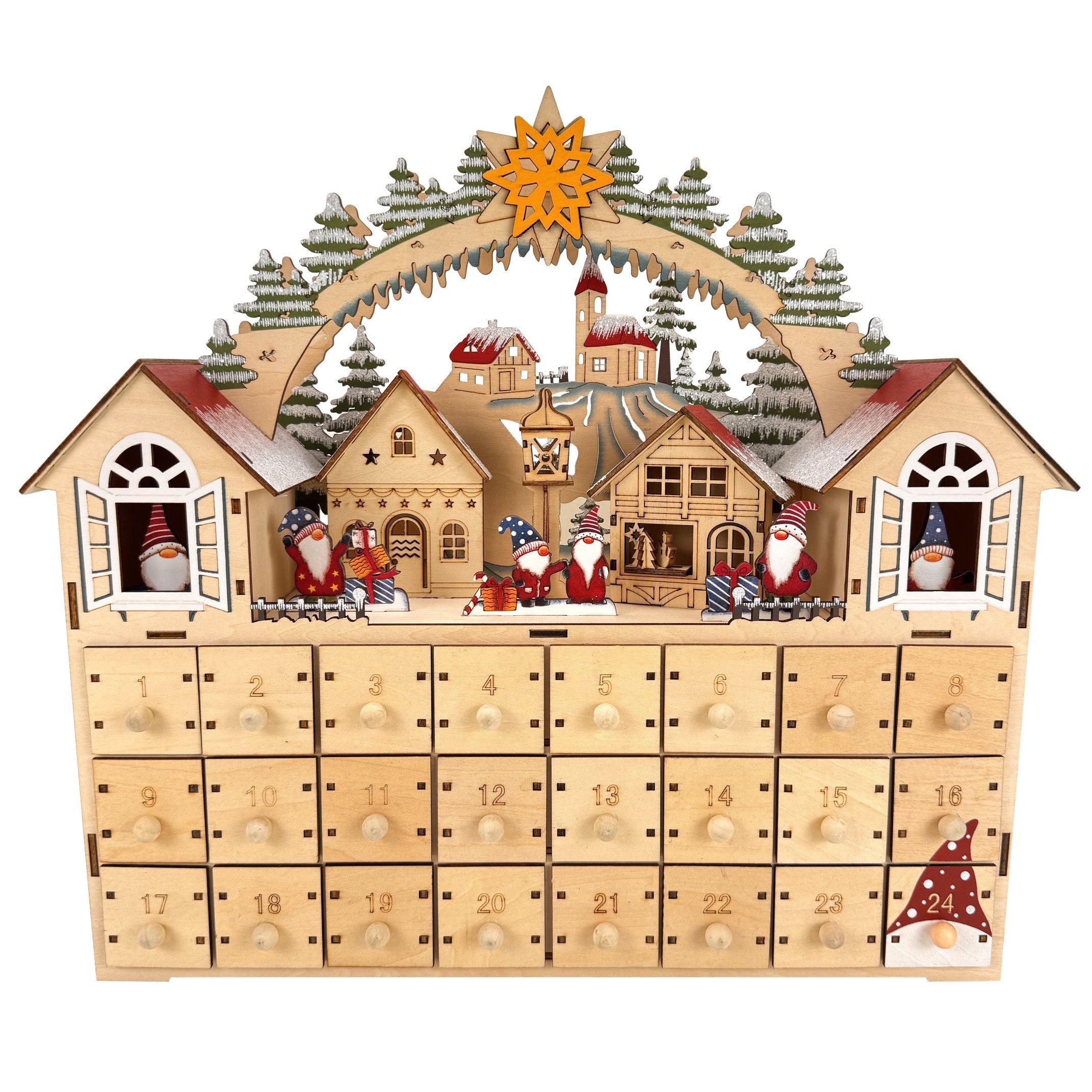 Online-Fuchs Adventskalender zum selber befüllen mit LED-Beleuchtung und Timer - Weihnachtsdeko (süße Winterlandschaft mit Wichteln), praktische 6-Stunden Timerfunktion