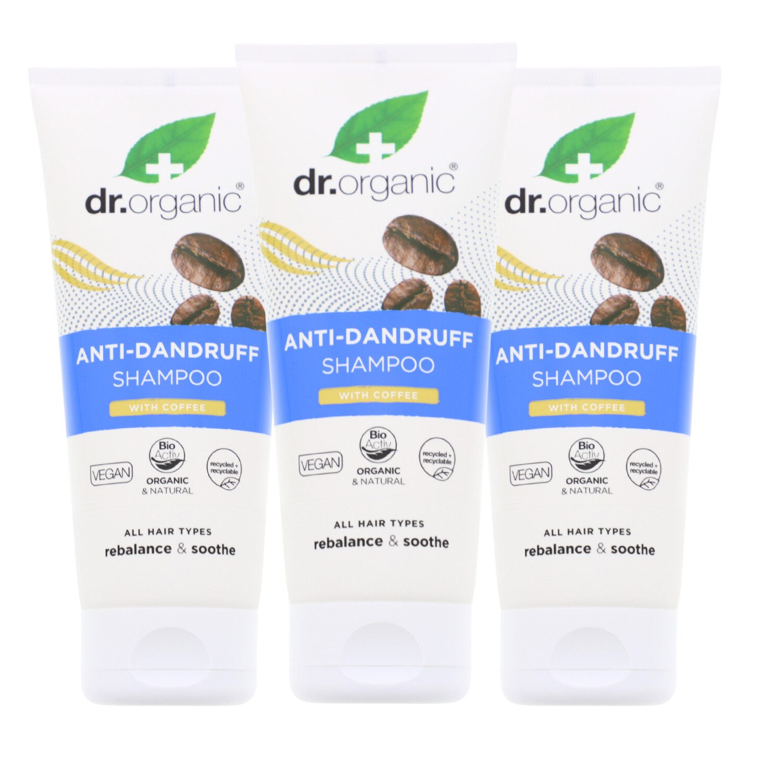 Dr. Organic Haarshampoo 3 x Dr. Organic Anti Schuppen Shampoo mit Kaffee je 200ml für gesunde