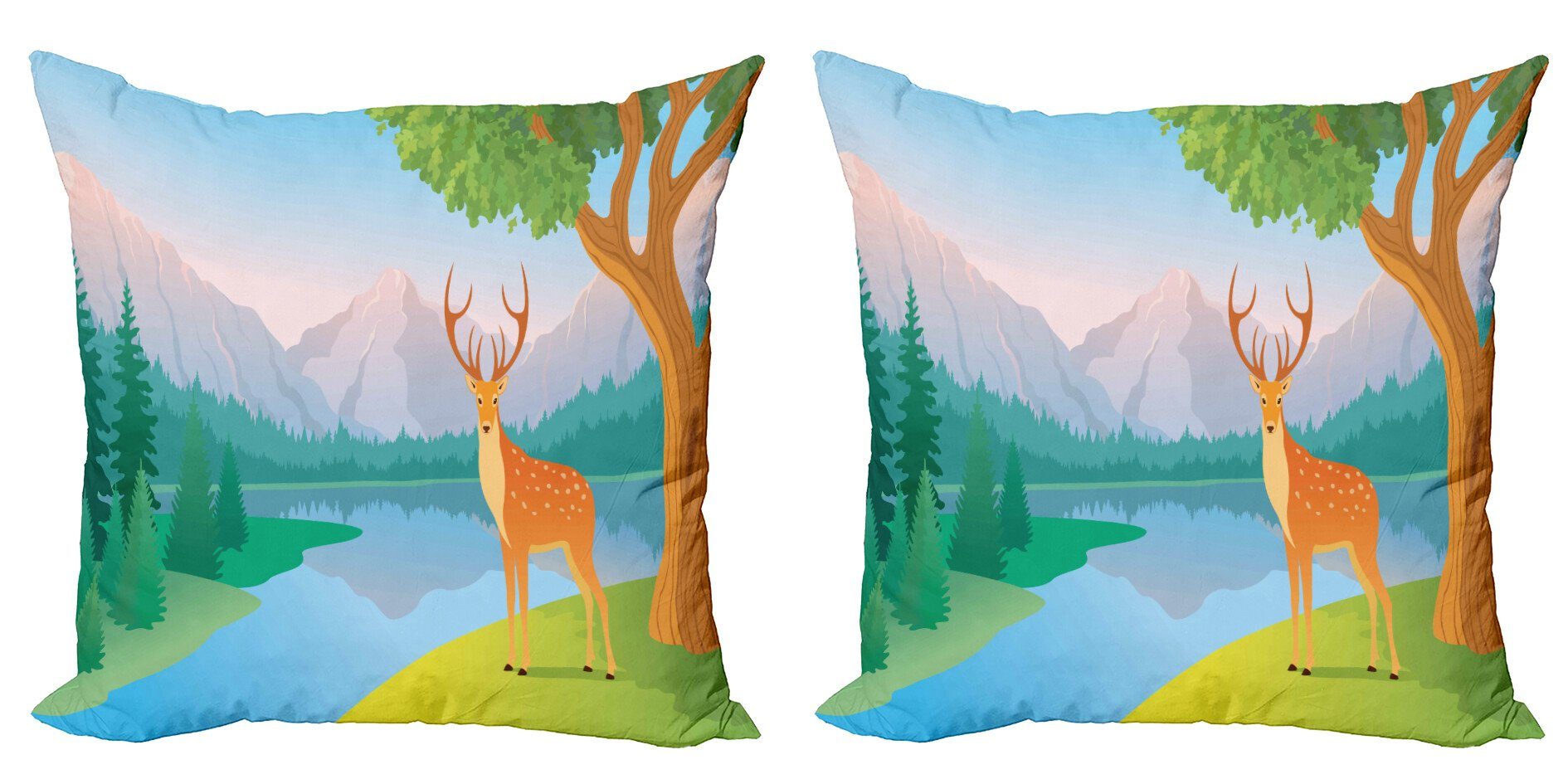 Stück), Digitaldruck, (2 Berglandschaft Deer Modern Forest Accent Kissenbezüge lake Doppelseitiger Abakuhaus