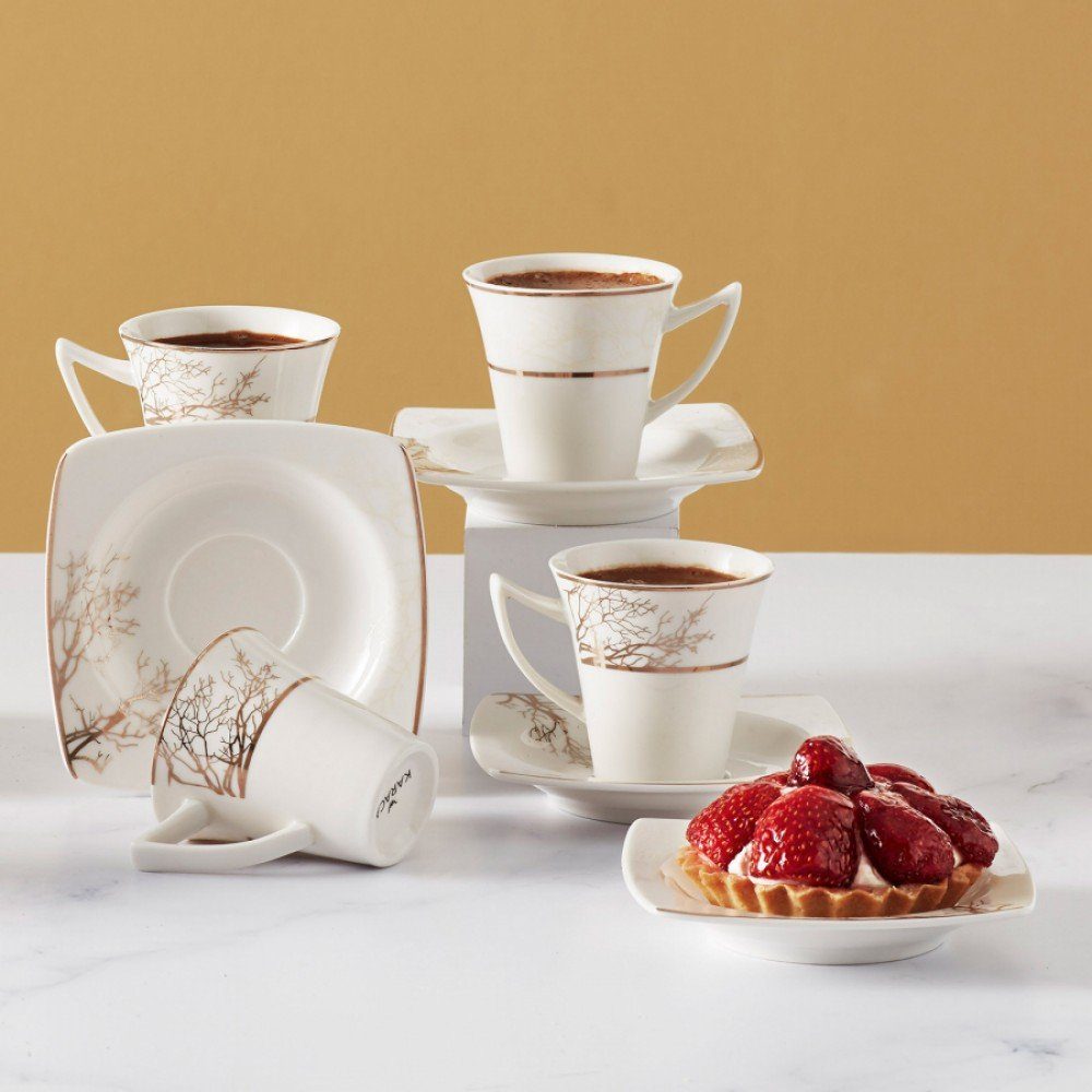 Karaca Kaffeeservice Karaca Autumn 85 ml Kaffeetasse mit Untertasse Set 6 Personen, Weiß