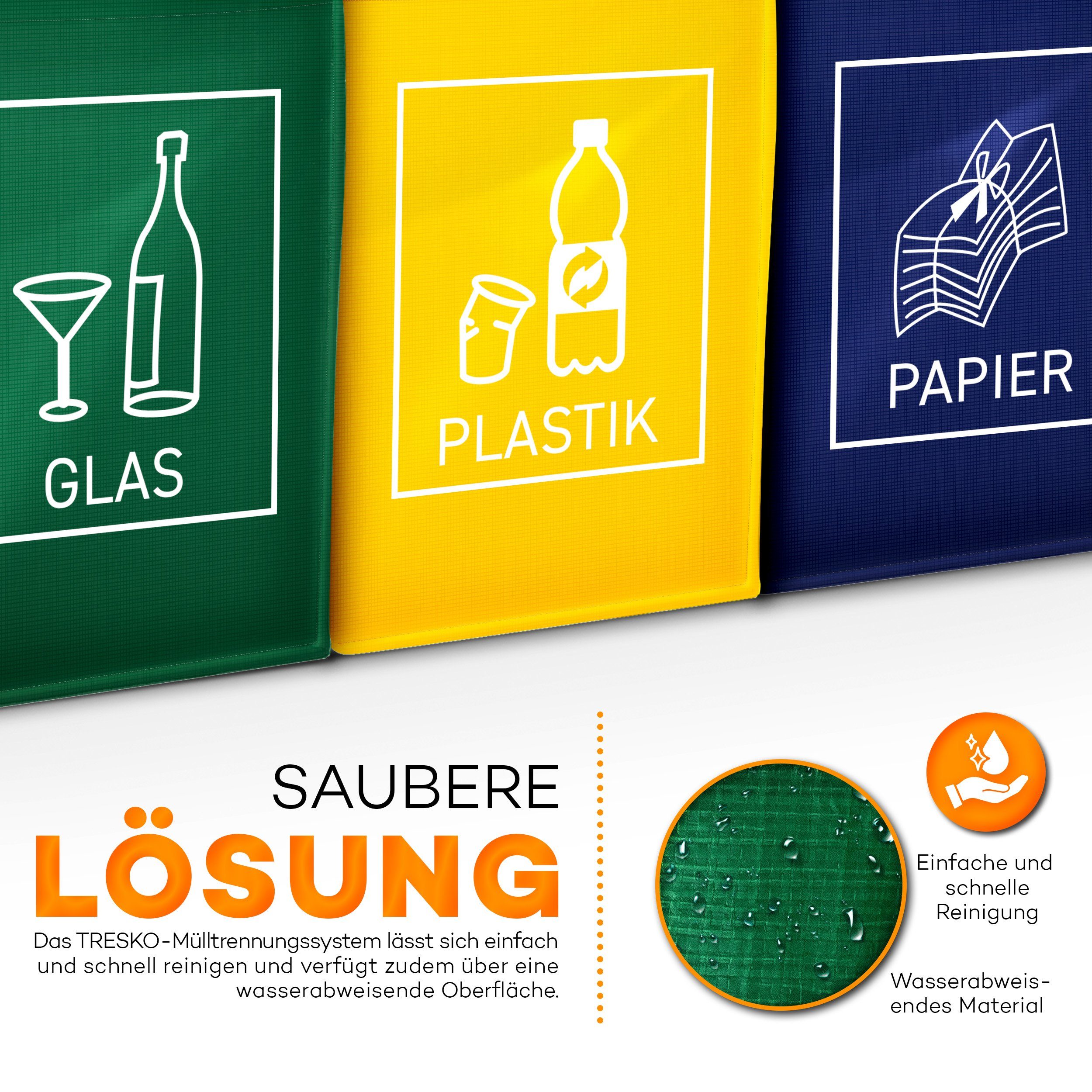 TRESKO Mülltrennsystem 3er Set Recycling Deutsch Mülltrenner Mülleimer Trennsystem – Bild 2 von 5