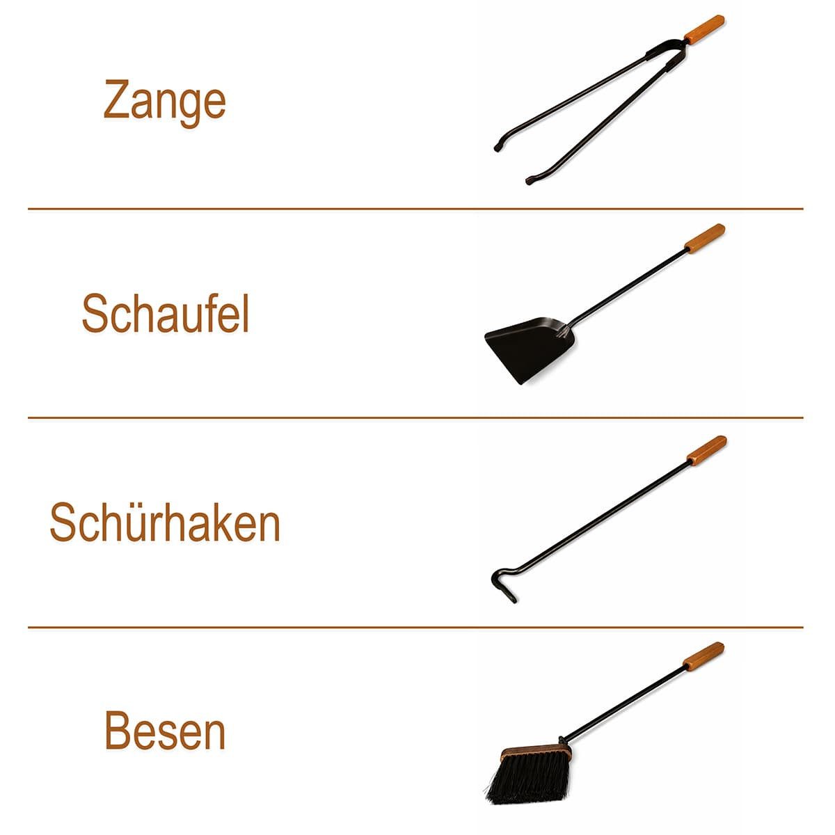 MS Beschläge Kamingarnitur Eckiges schwarzes Kaminbesteck mit Holzgriffen, 5-tlg. Kaminset Ofenbesteck geschlossener Behälter