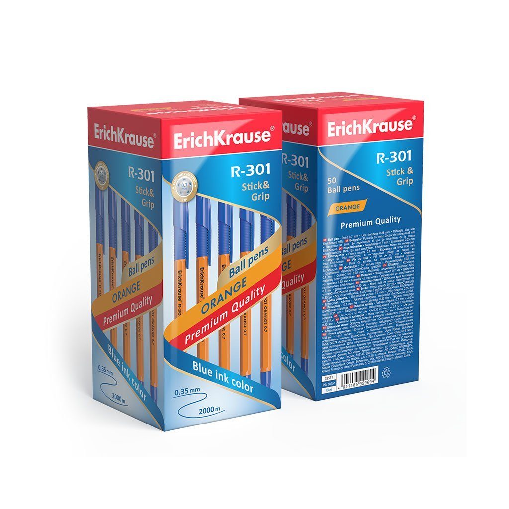 Erich Krause Kugelschreiber, Kugelschreiber R-301 Orange 0,35mm mit Gummigriff 50er Pack Blau