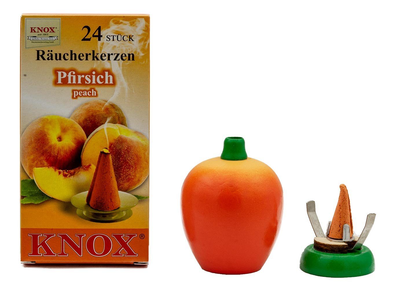 KNOX Räucherhaus Pfirsich Set, Pfirsich Räucherfigur inkl. 24 Räucherkerzen mit Pfirsich-Duft
