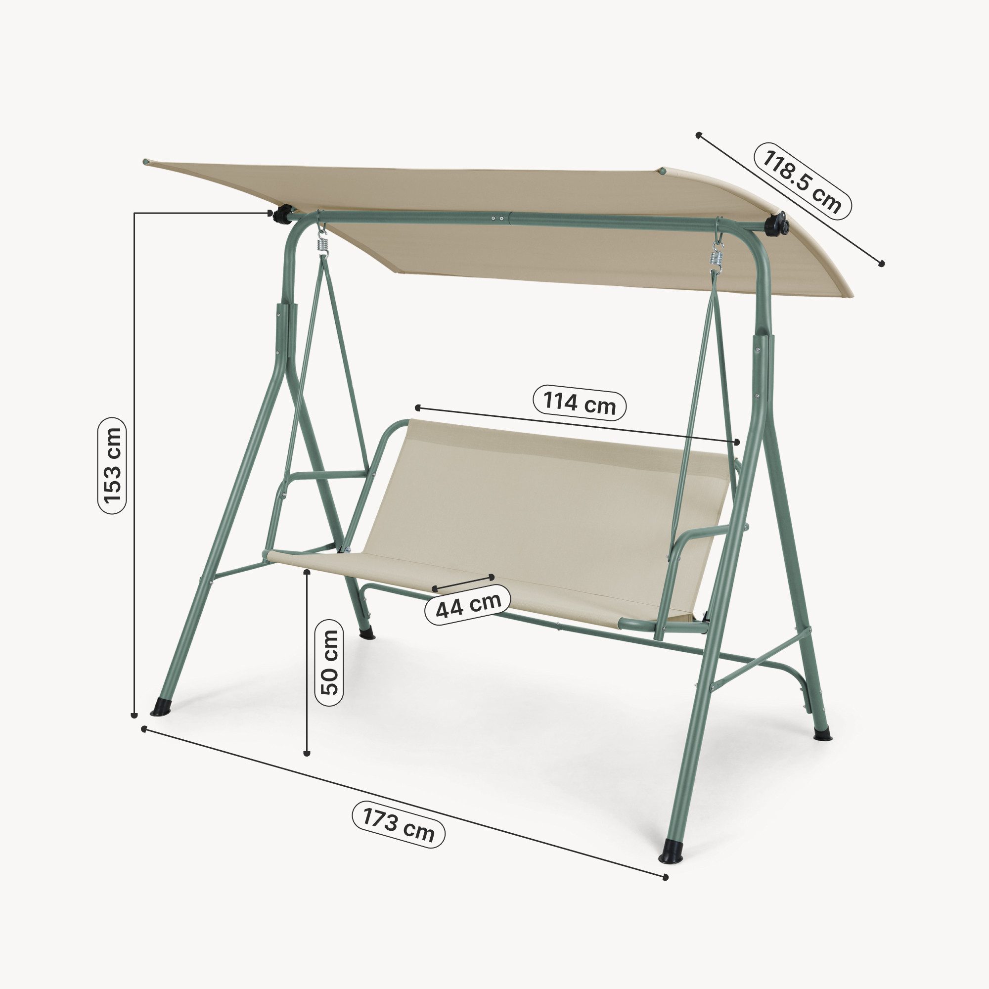 en.casa Hollywoodschaukel, 3-Sitzer, »Satten« 3-Sitzer mit Dach Stahlgestell 173x119x153 cm Hellgrün/Beige