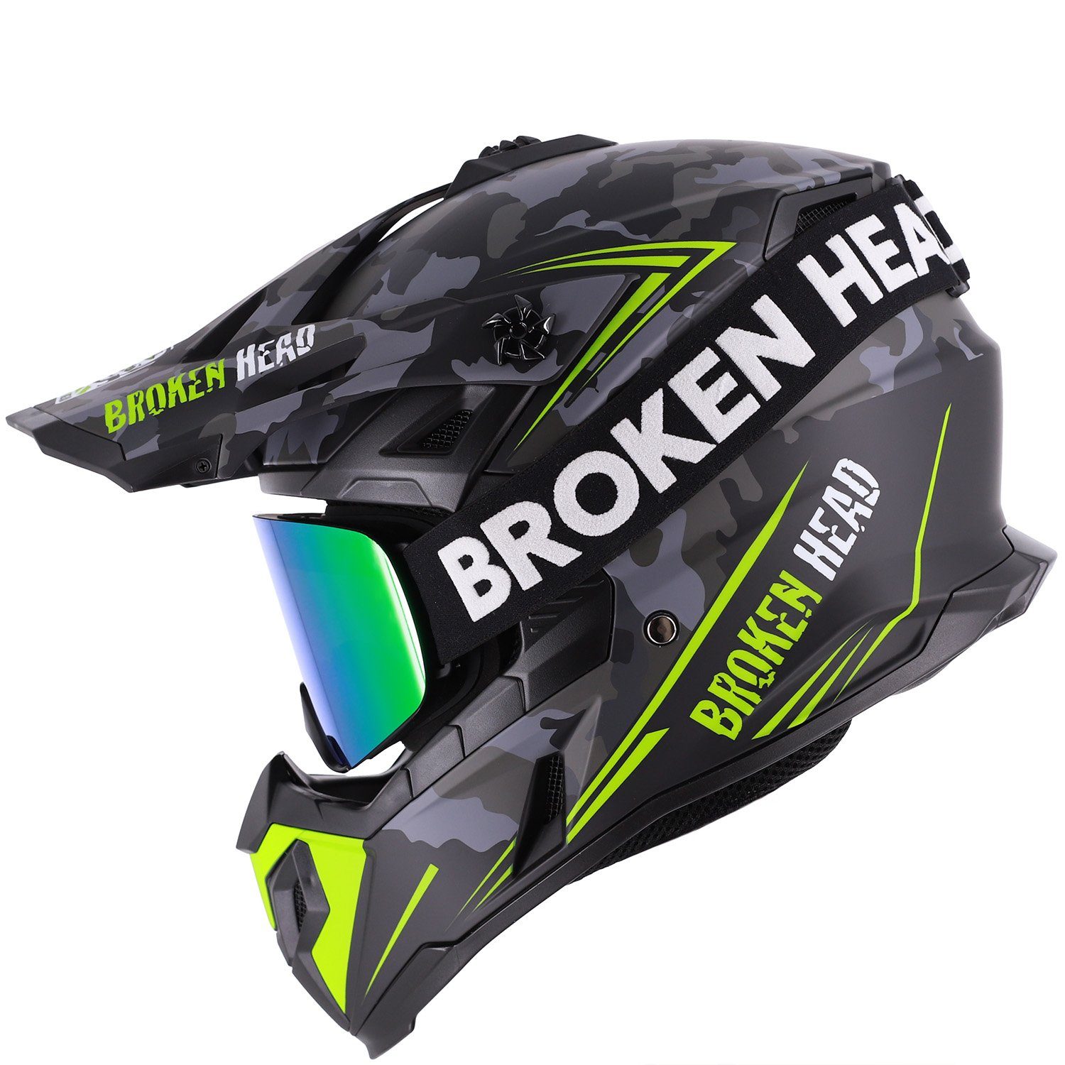 Broken Head Motocrosshelm Squadron Grau-Grün (Mit MX-Brille Struggler Grün), Zwei Verschlüsse