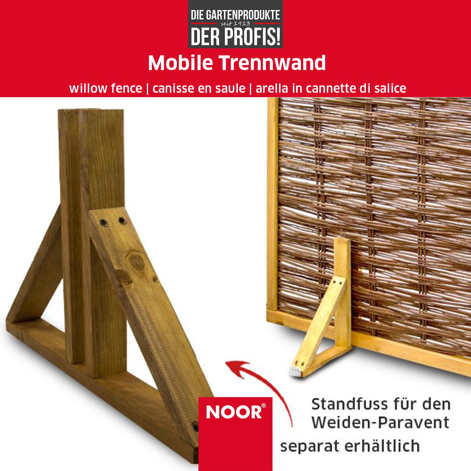 NOOR Sichtschutzelement Mobile Trennwand aus Weide - passender Standfuß separat erhältlich, Mobile Trennwand 90x120 cm - Standfuß 50x6 cm