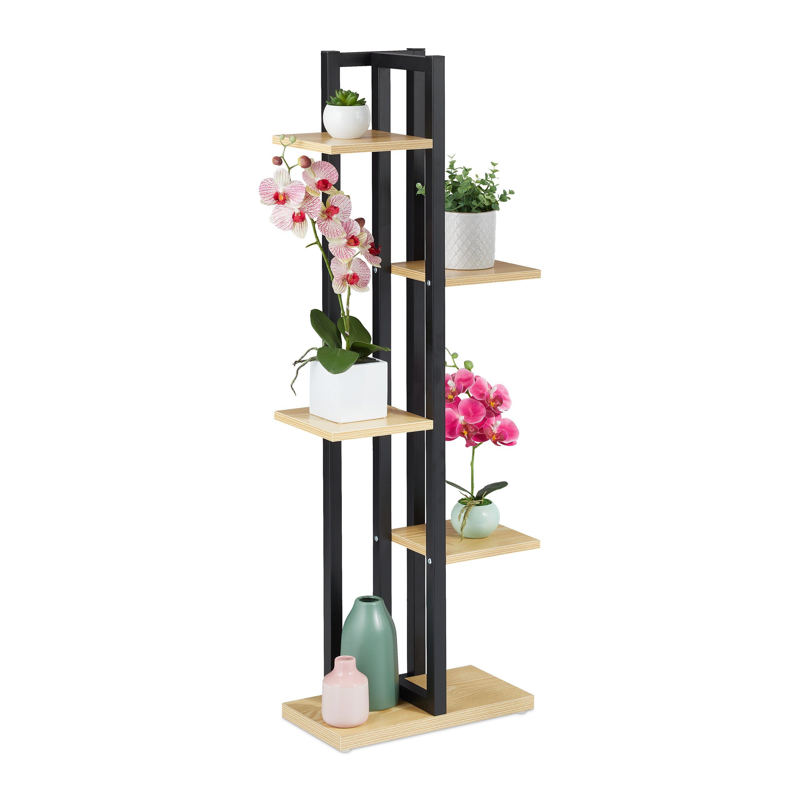 relaxdays Blumenständer Pflanzenregal mit 5 Ablagen (5 St), hellbraun