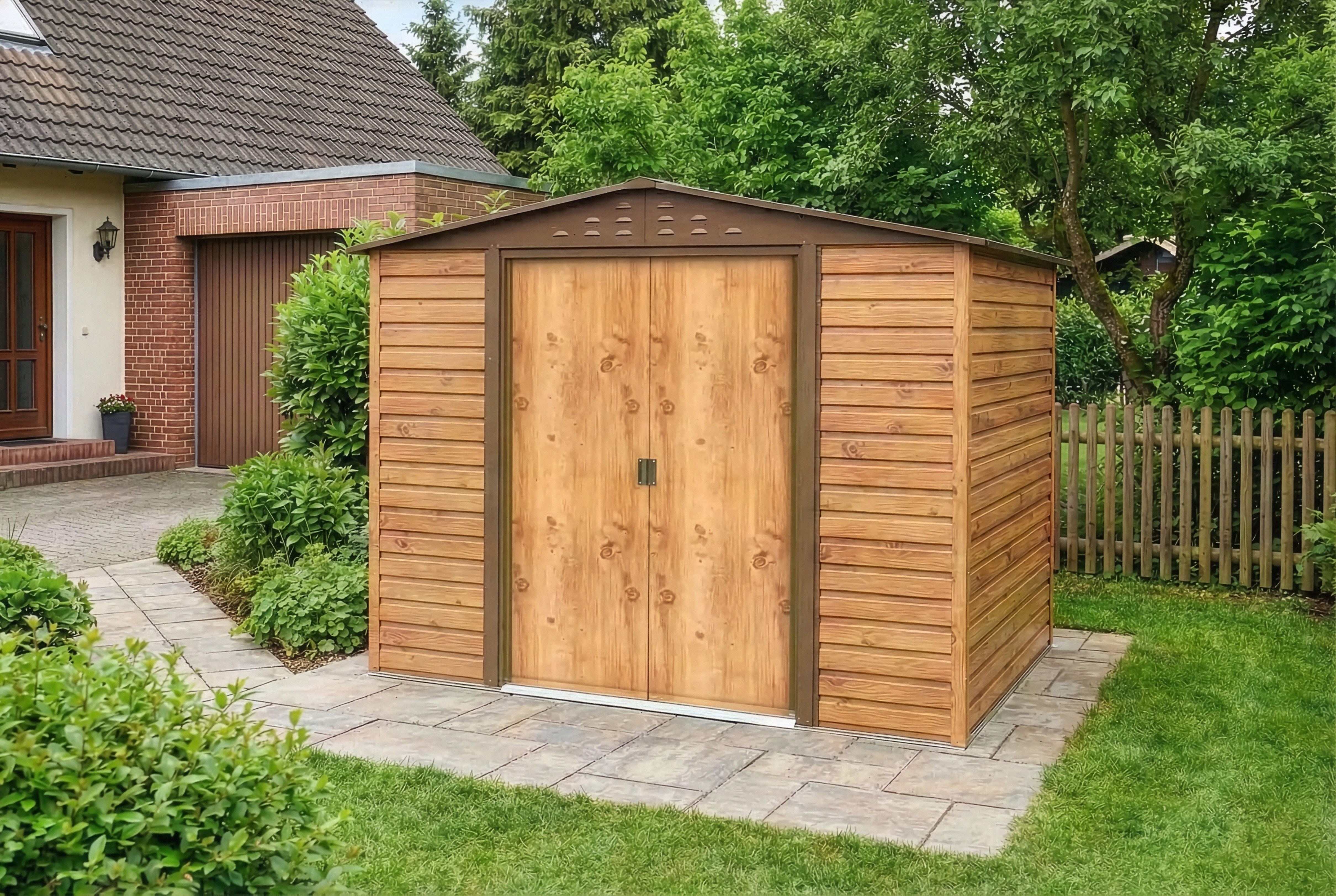 DURAMAX Gerätehaus DURAMAX Metall-Alpine 2,4x1,8m Holzoptik, BxT: 261,7x183 cm, in Braun mit 0,31mm Wandstärke