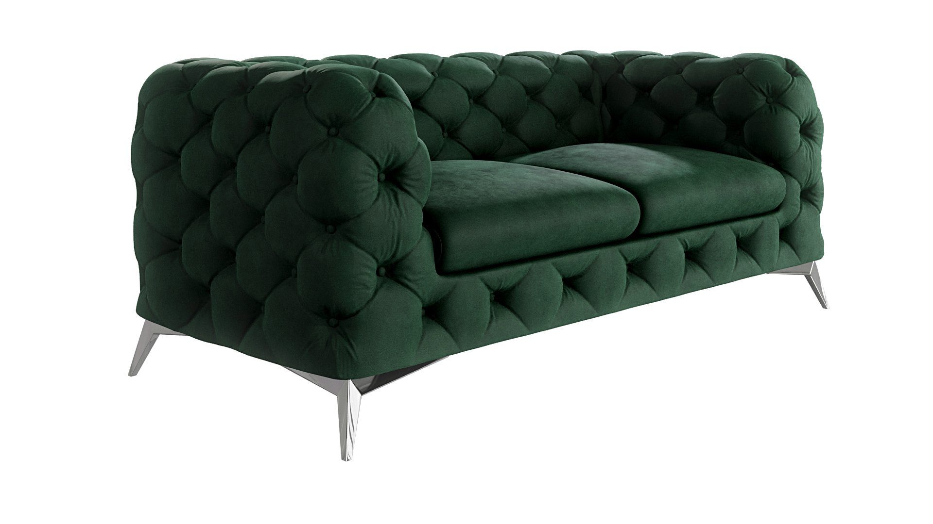 mit Sofa S-Style Füßen, Wellenfederung Chesterfield 2-Sitzer Grün Flasche Kalina mit Möbel Silber Metall