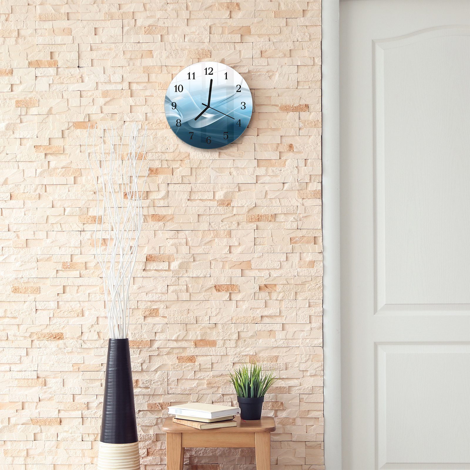 Durchmesser Motiv Wanduhr - mit und cm Rund Digitale aus 30 Quarzuhrwerk Wanduhr mit Wellen Glas Primedeco