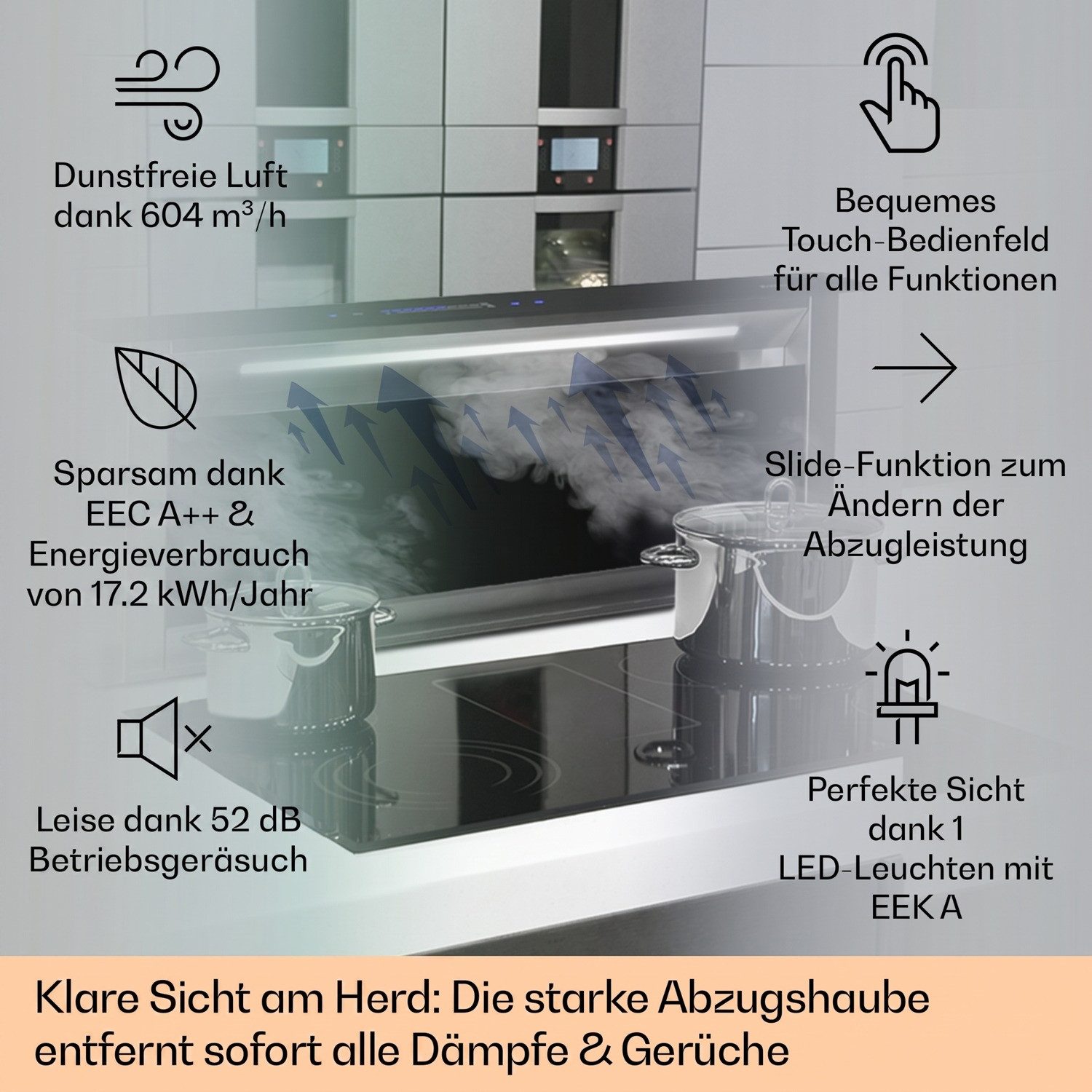 Klarstein Deckenhaube Royal Flush Eco Serie Royal Flush Eco Downdraft Dunstabzugshaube 90 cm 576 m³/h A+ Royal Flush Eco, Abzugshaube Downdraft Abluft Umluft versenkbar mit Edelstahl