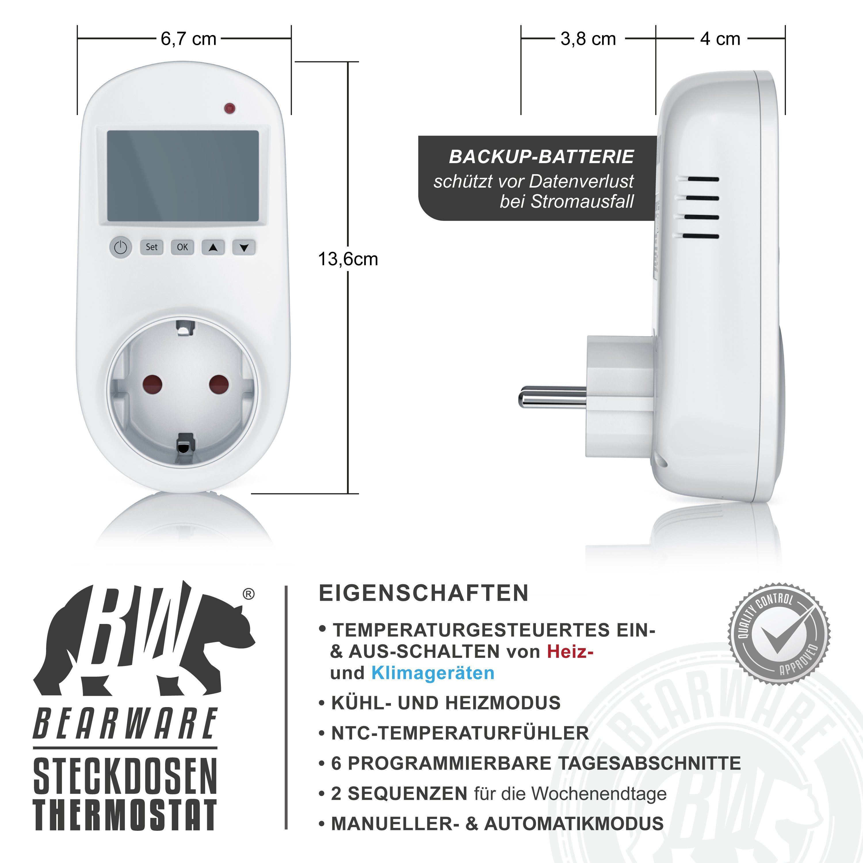 BEARWARE Steckdosen-Thermostat, 1-St., Heiz & Klimageräte Individuell programmierbar, LCD-Display