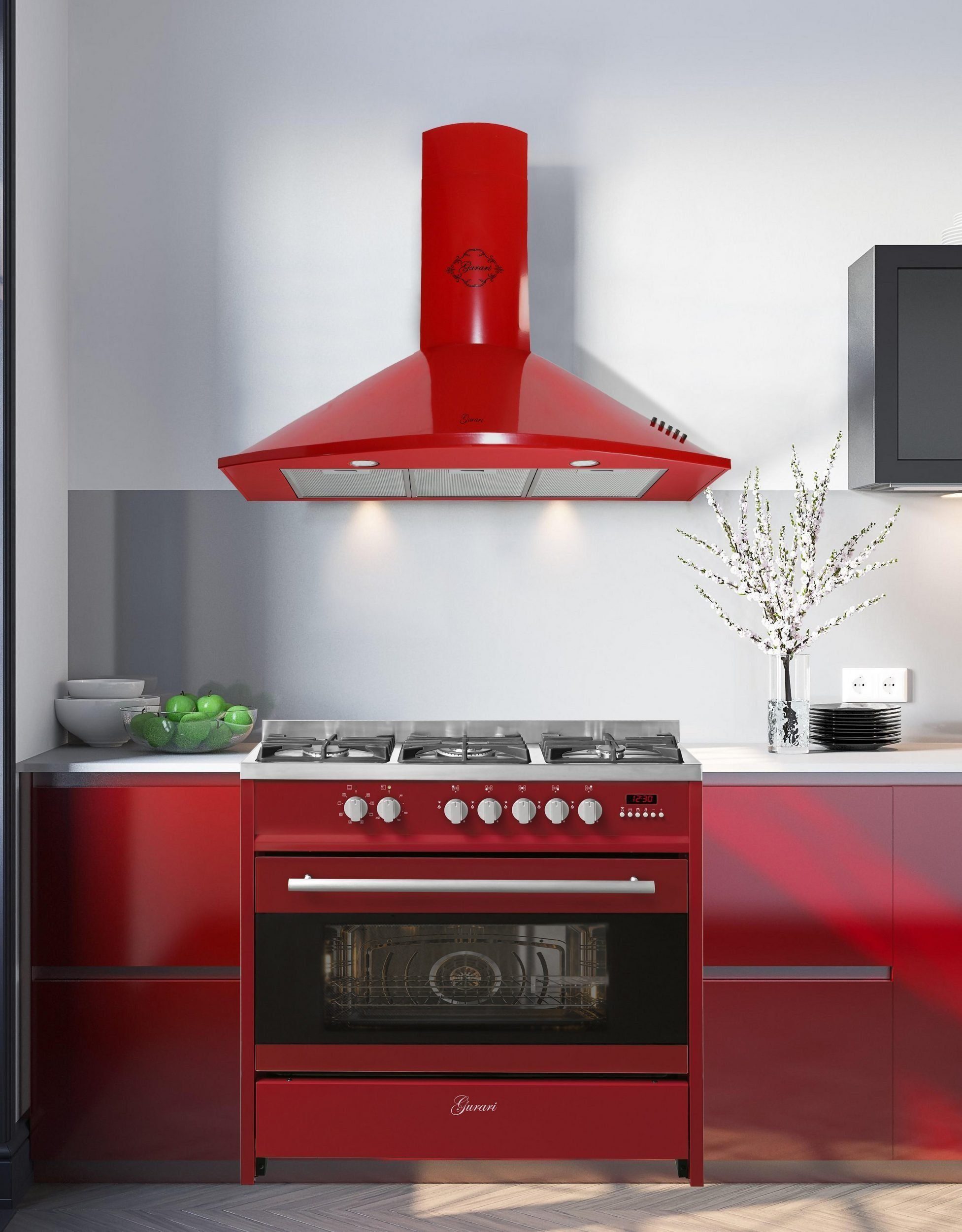 GURARI Gas-Standherd GCH E 911 R + GCH 046 RD 9, mit 1-fach-Teleskopauszug, Gas Elektro Standherd 90 cm, 8 Funktionen+Dunstabzugshaube 90cm