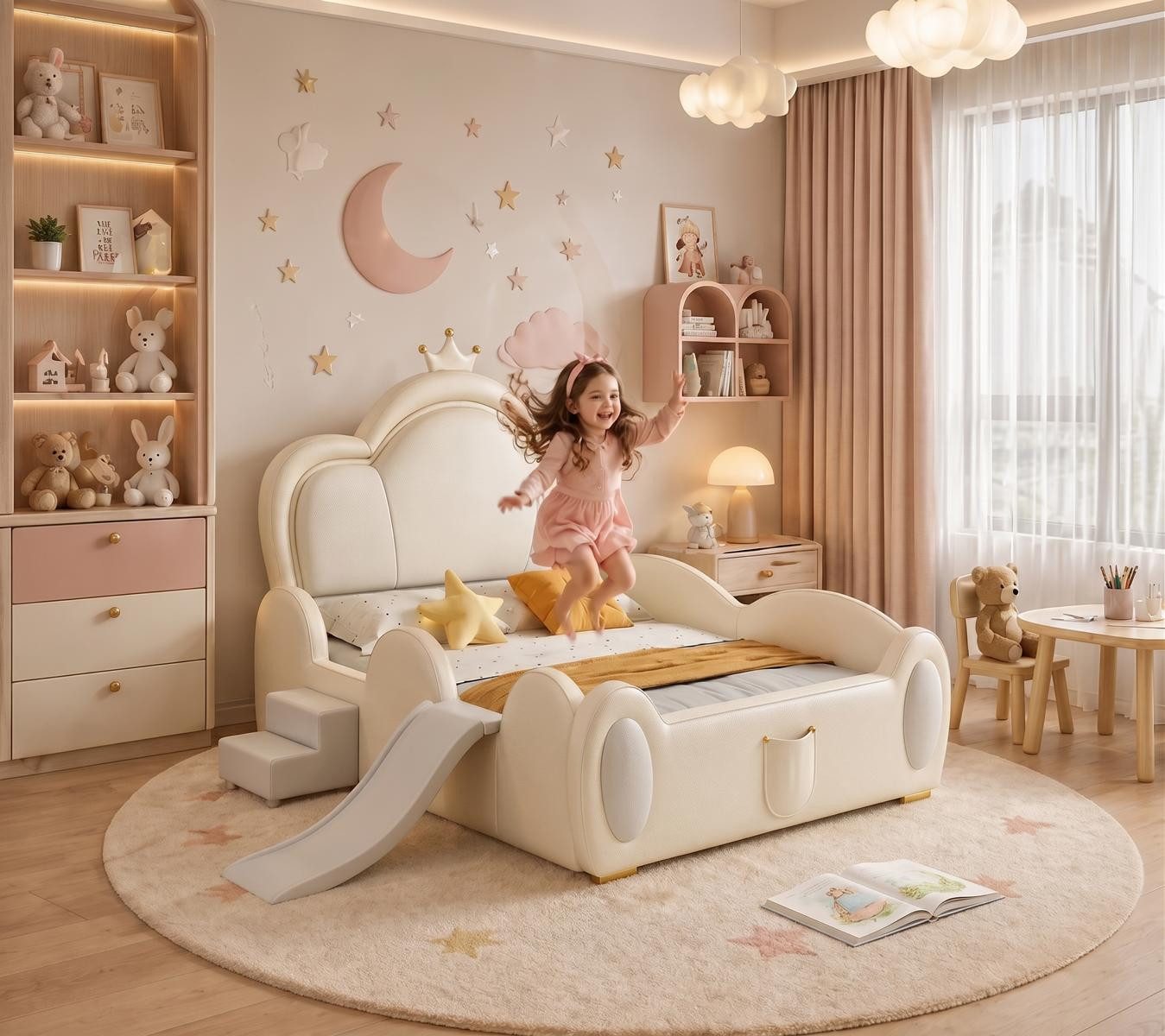 JVmoebel Kinderbett Beiges Kinderbett Bett mit Rutsche und Treppe für Mädchen Prinzessin, Made in Europa