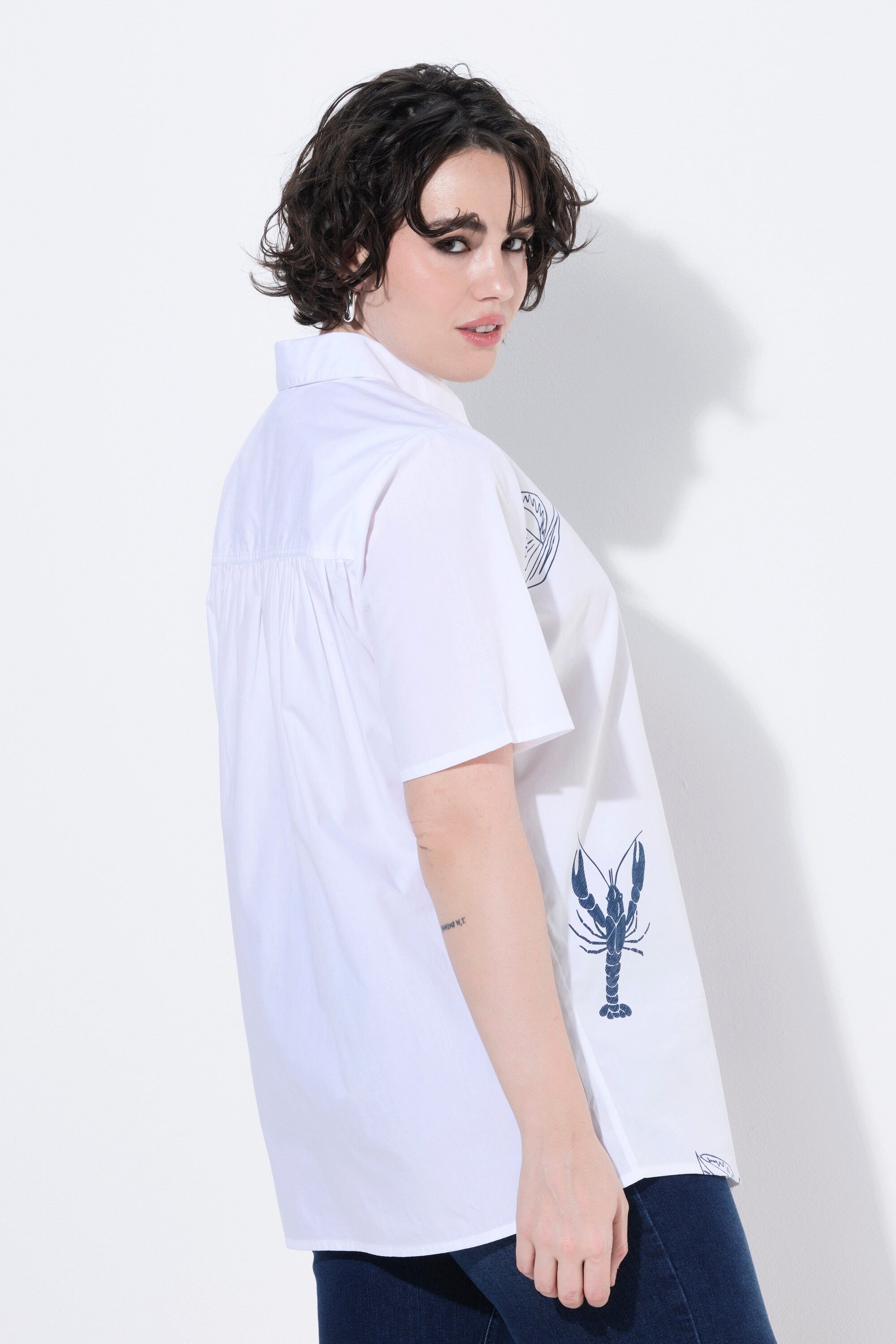 Ulla Popken Longbluse Bluse maritime Motive A-Linie Hemdkragen Halbarm