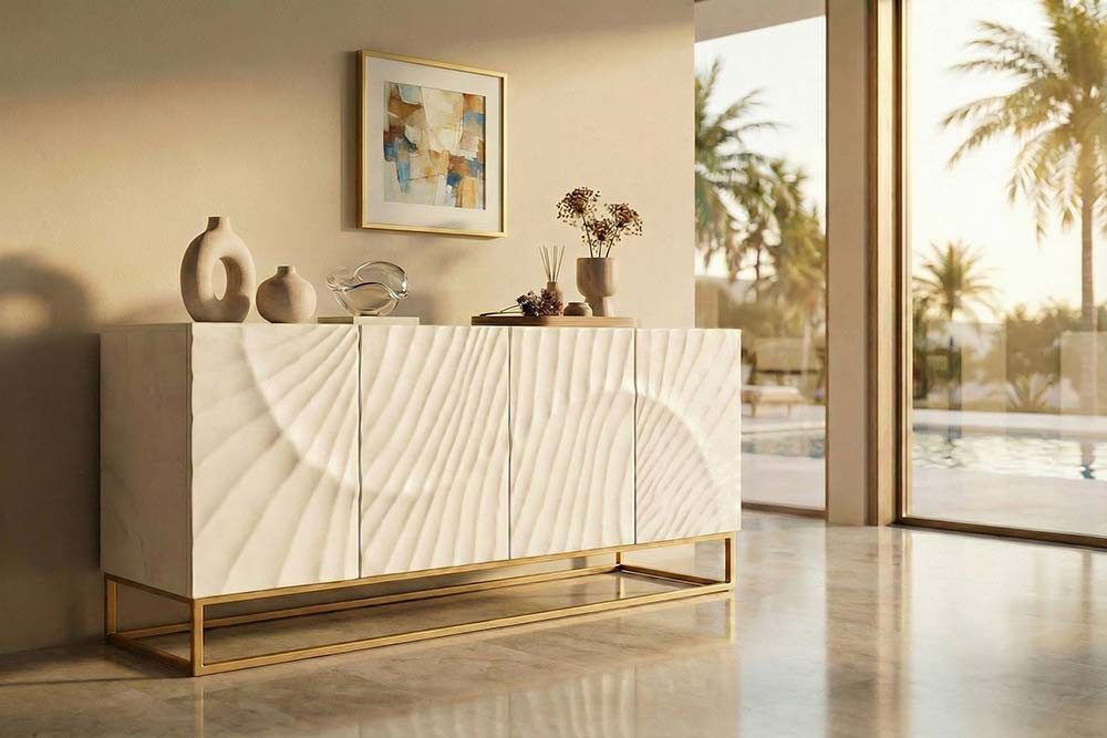 riess-ambiente Sideboard SCORPION 180cm weiß/gold - Mangoholz, Metall, 3D-Schnitzerei, Anrichte, Massivholz-Kommode mit 4 Fächern - ideal für Wohn- und Esszimme – Bild 4 von 5