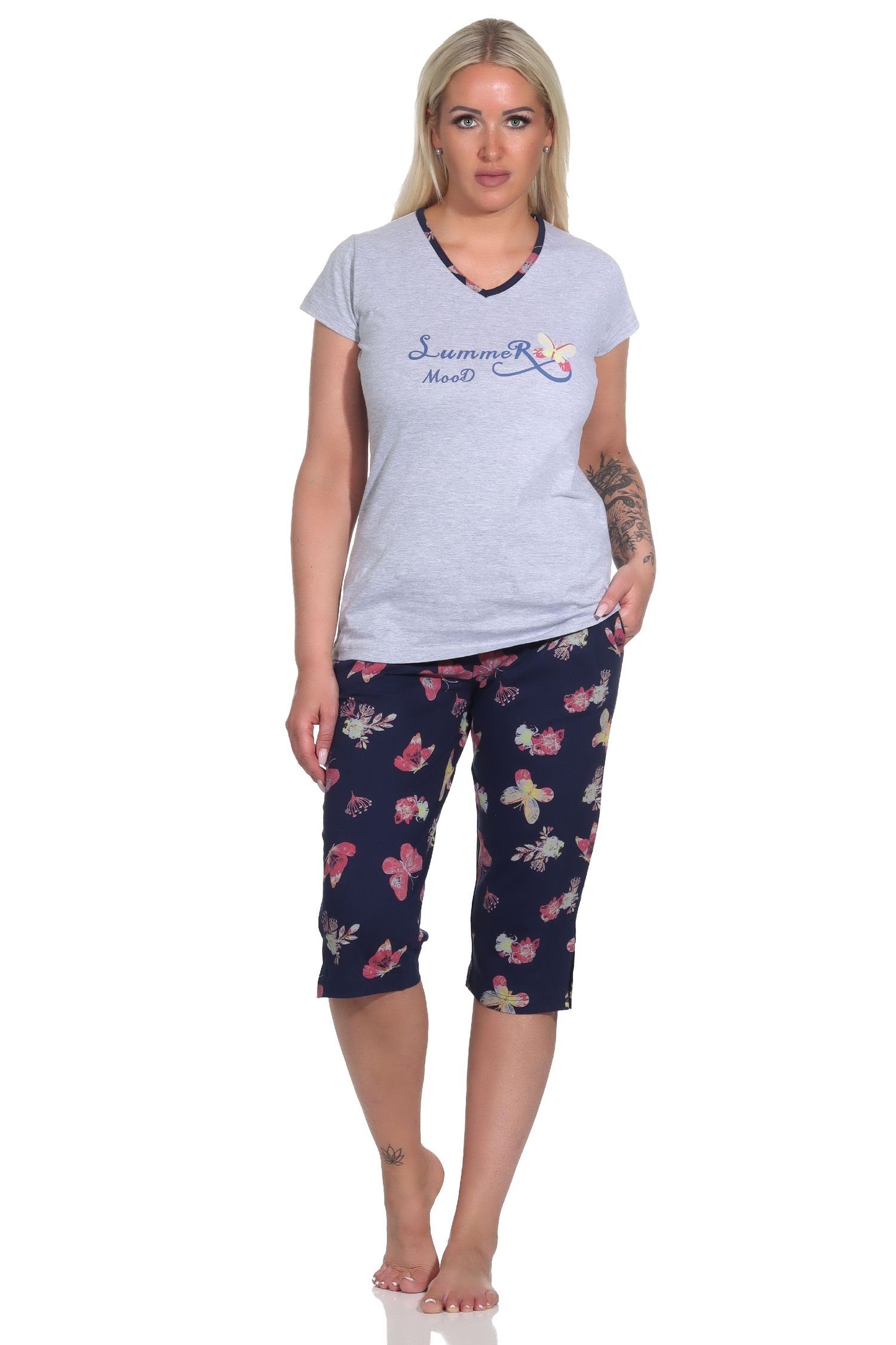 Normann Pyjama Damen kurzarm Capri Schlafanzug mit Schmetterling als Motiv grau-mel.