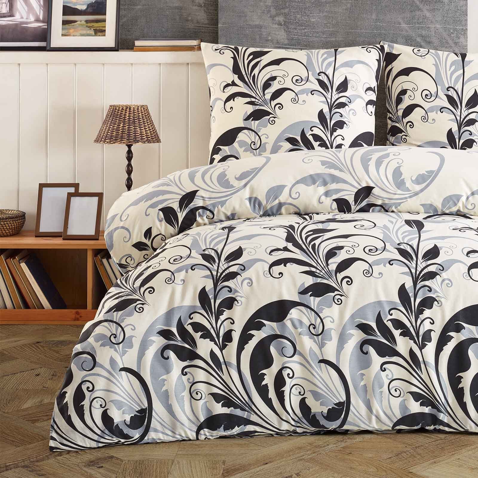 Buymax Bettwäsche, Renforce: 100% Baumwolle, 2 teilig, 155x220 cm, mit Reißverschluss, Barock, Beige Schwarz