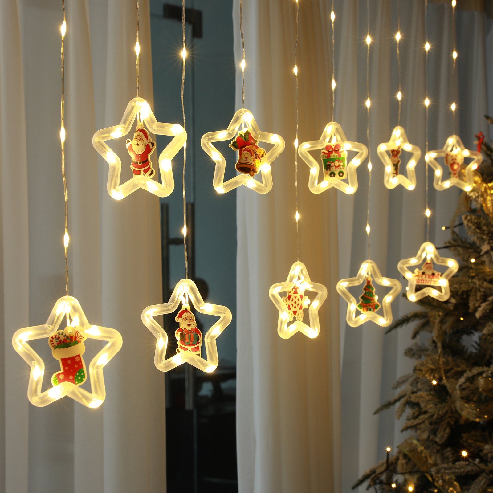 LED LED-Lichtervorhang mit Innen Warmweiß Laybasic Weihnachtslichter,8 Weihnachtslichter, Fernbedienung,3M Modi,USB/Batterie,für und LED-Lichtervorhang Außen