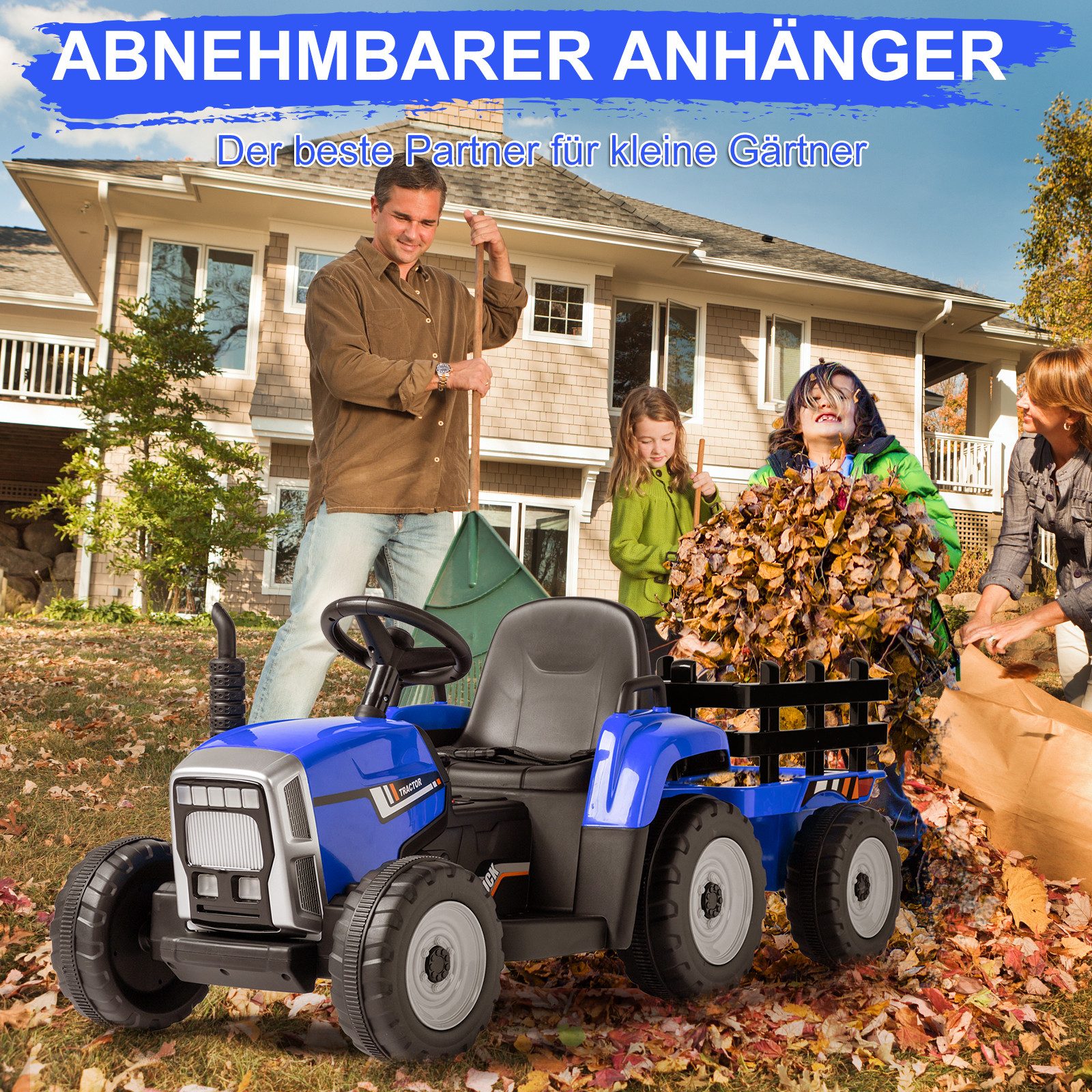 LALAHO Elektro-Kindertraktor Elektrotraktor mit abnehmbarem Anhänger und 2,4G Fernbedienung 12V 7Ah, 12V/7Ah