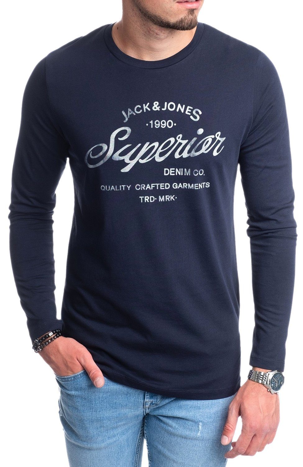 Jones Navy-White Jack vorne Langarmshirt Baumwolle, mit aus Print &