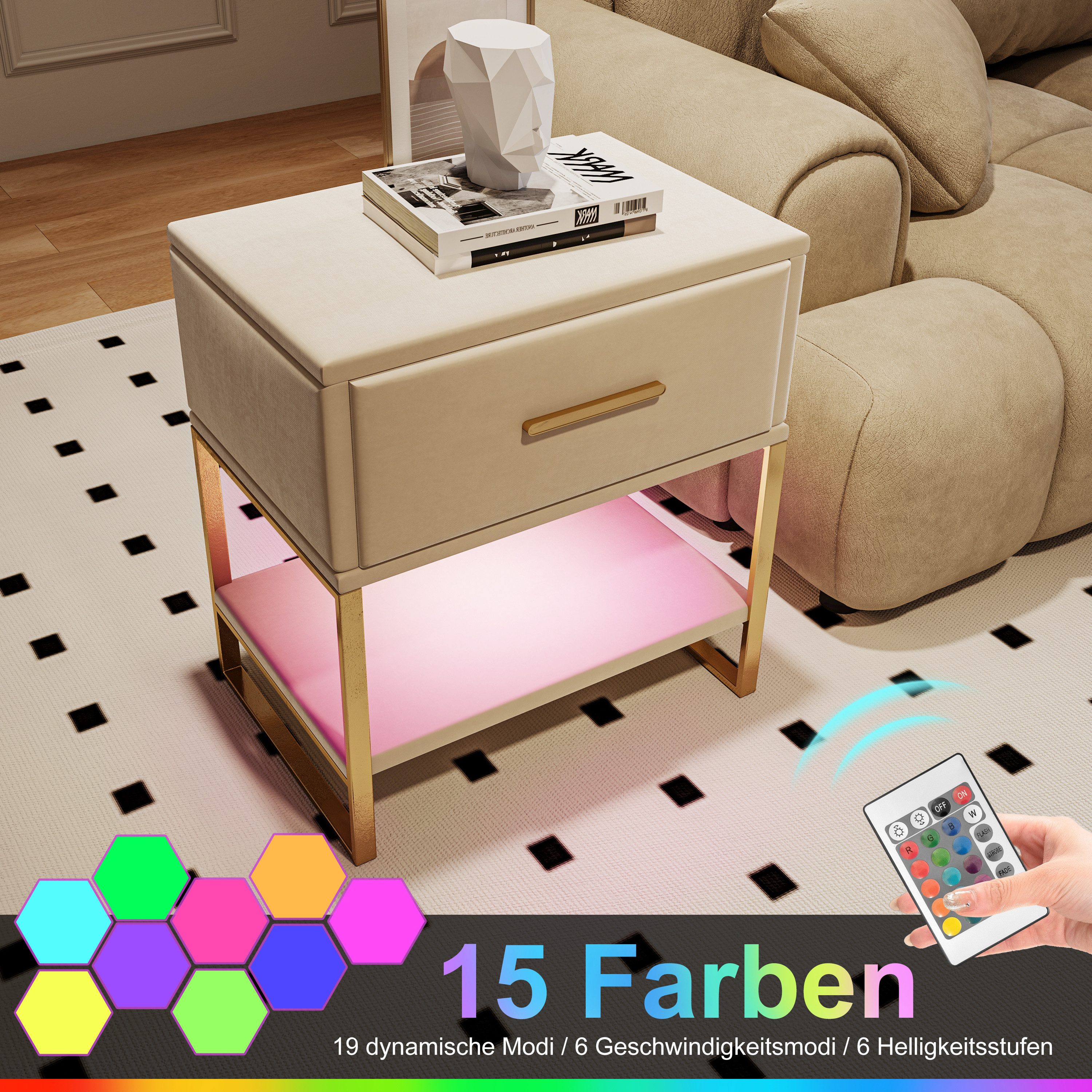 Furnishings Home Nachttisch Ablagetisch mit LED-Beleuchtung Wohnzimmertisch Schreibtisch (2-St., Perfekt für Wohnzimmer und Schlafzimmer), LED Beistelltisch mit Schubladen, offene Ablage, Metallbeine