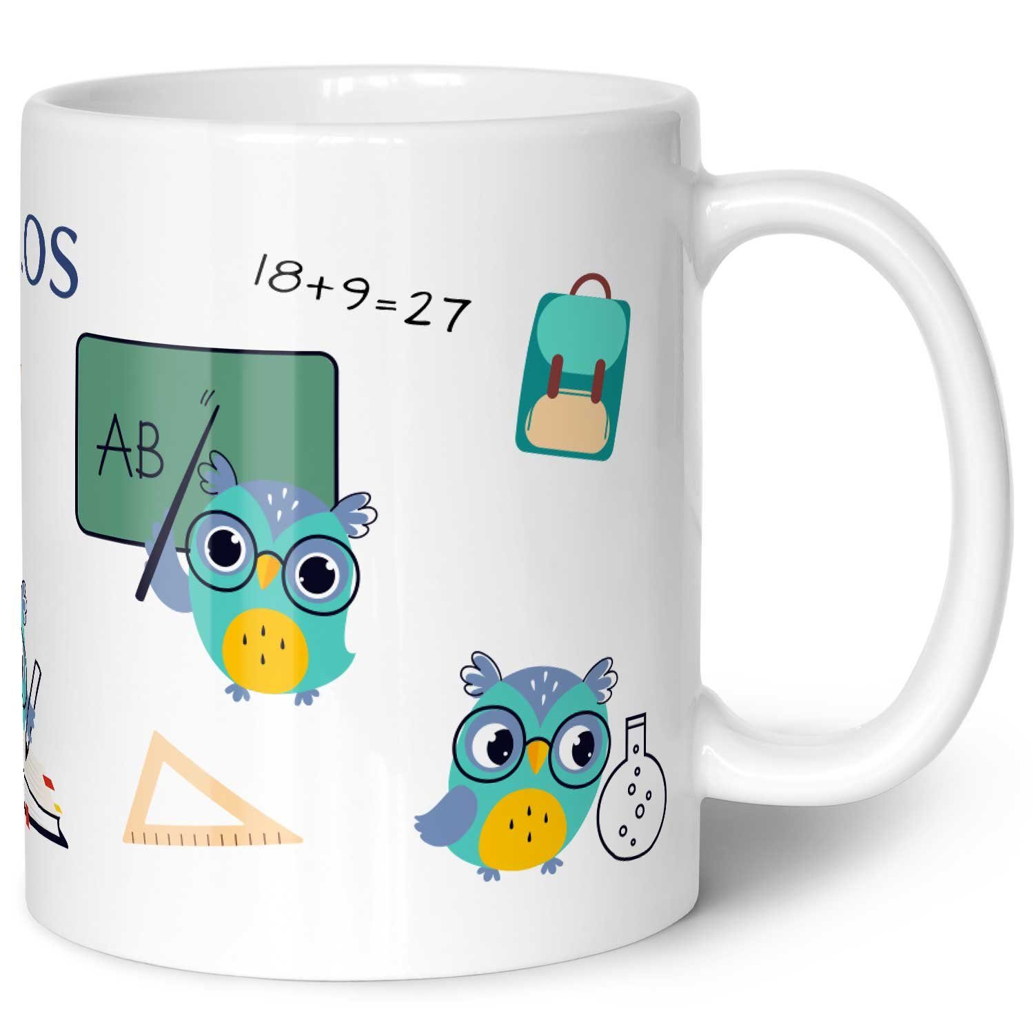 GRAVURZEILE Tasse mit Motiv - Schuleule, Keramik, Farbe: Eule Blau - Weiß