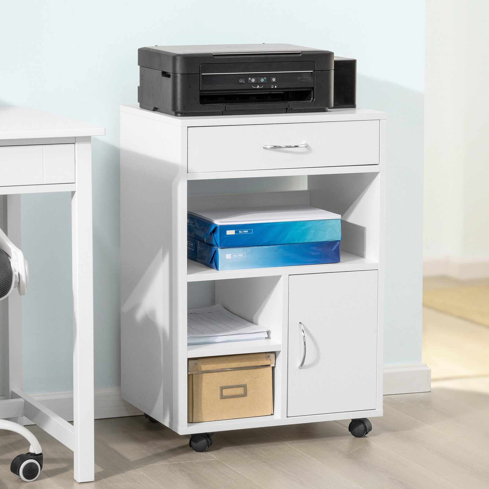 SoBuy Druckertisch FBT106, Druckerständer Schreibtisch Unterschrank Beistelltisch, mit Schublade und Tür Aktenschrank Rollcontainer mit Fächern Bürowagen – Bild 4 von 5