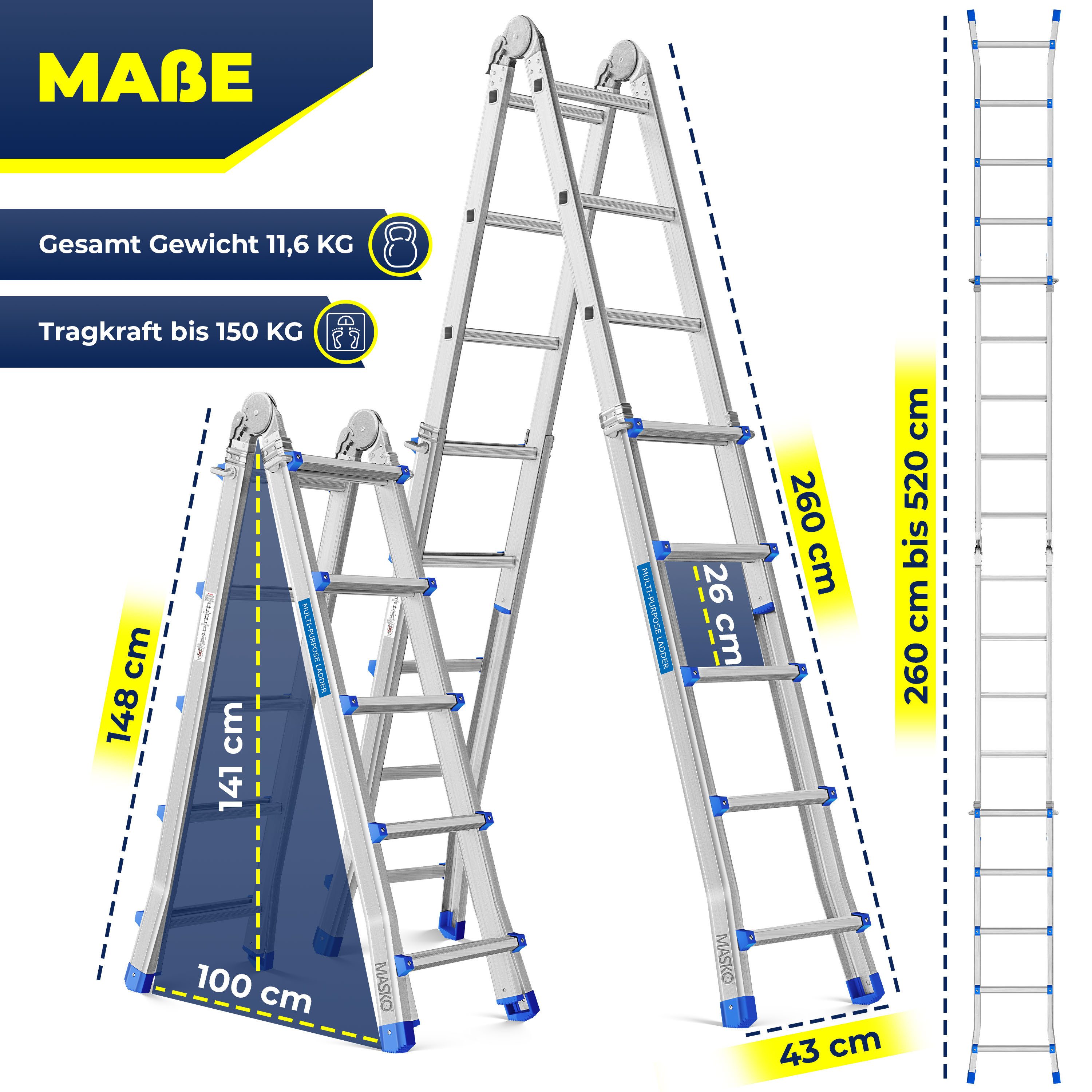 MASKO Vielzweckleiter Aluminium 6in1 Mehrzweckleiter – 20 Sprossen - 520 cm günstig online kaufen