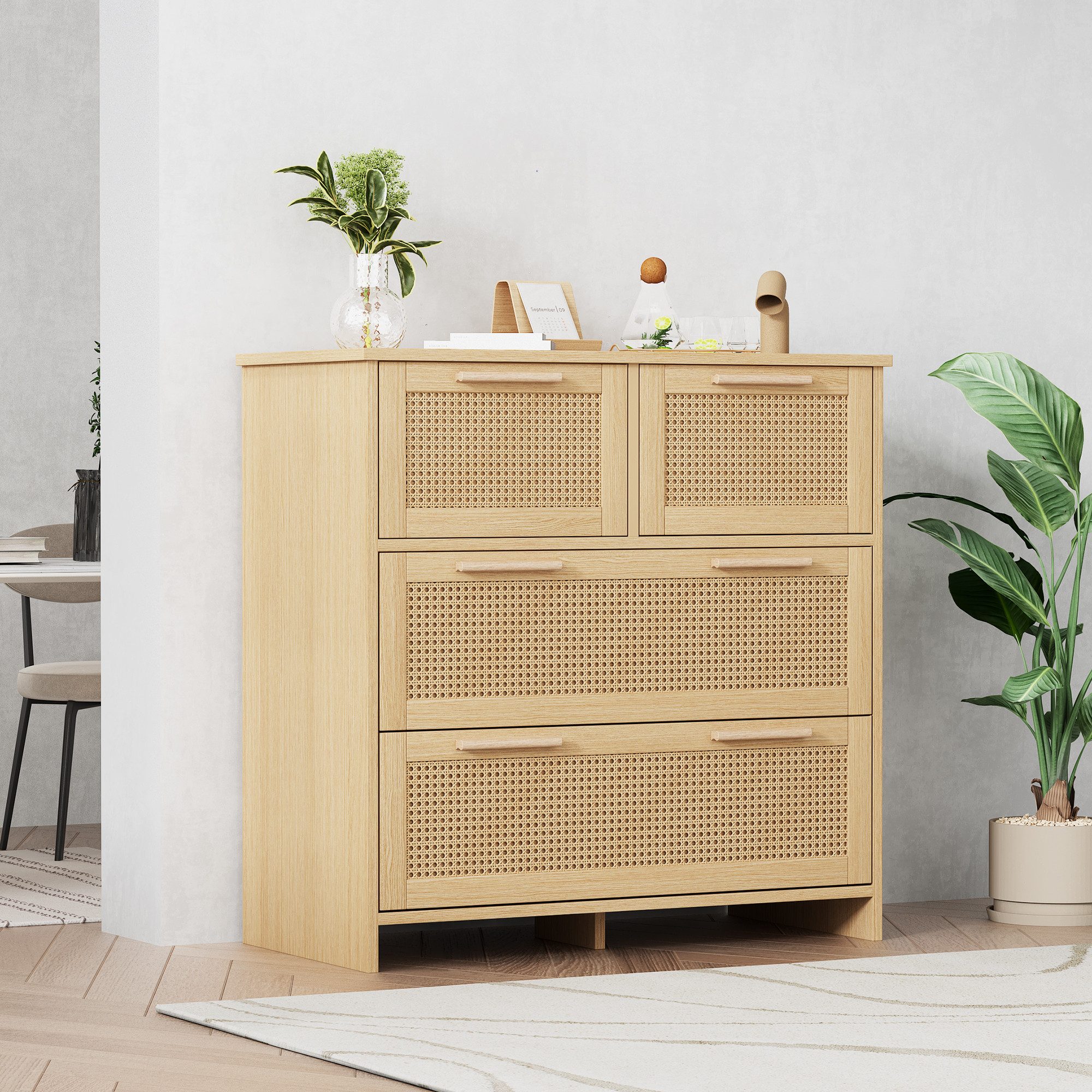 Flieks Sideboard (80x38x80cm, 1 St), 4-Schubladen Rattanschrank Kommode Anrichte Wohnzimmer