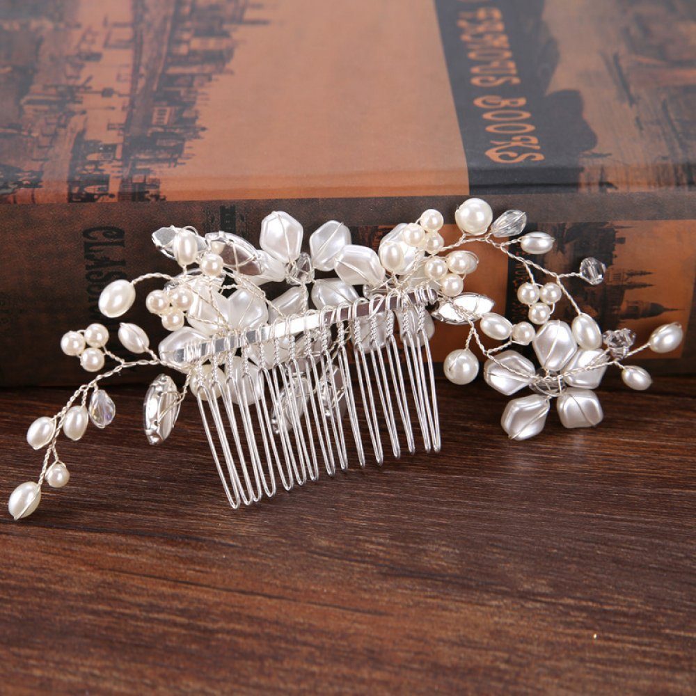 Braut-Perlen-weiße Blumen-Kupferdraht-Einsatzkamm-Kopfbedeckung WaKuKa Diadem (1-tlg)