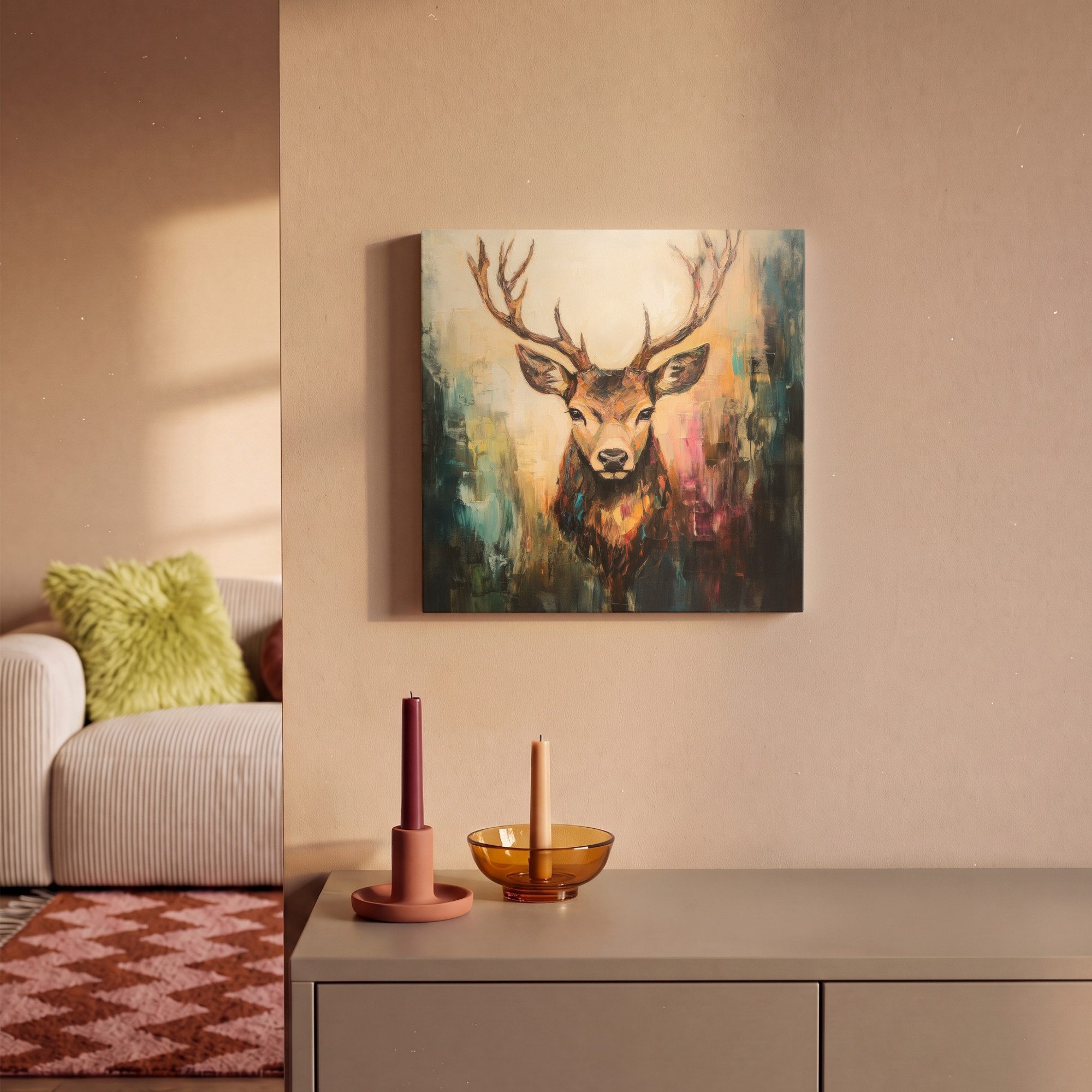 OneMillionCanvasses® Leinwandbild Hirsch - Gemalt - Geweih - Braun, Fotodruck (1 St), Wandbild, Deko Schlafzimmer Wohnzimmer Flur 20x20 cm – Bild 2 von 5