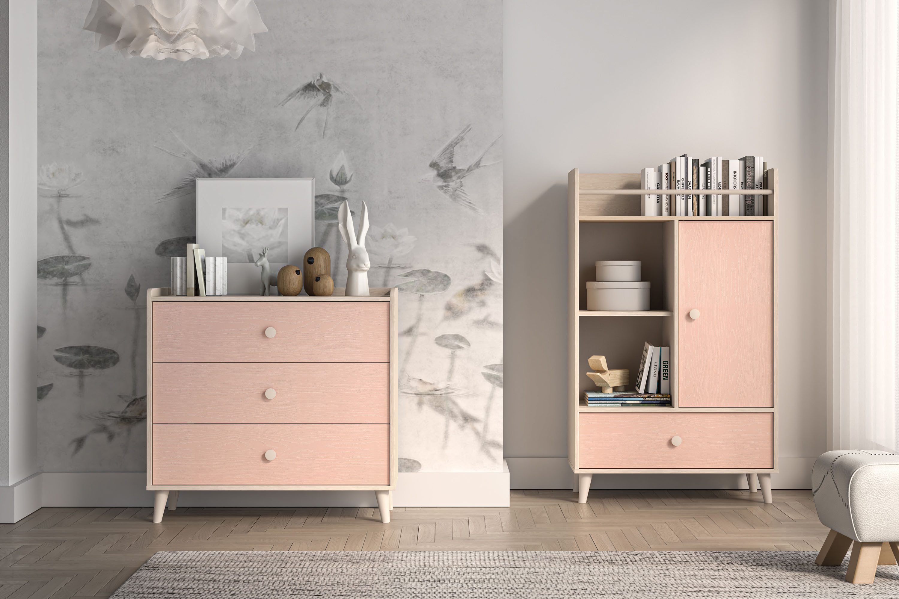 KONSIMO® Schubkastenkommode PUNGI Kinderkommode, hergestellt in der EU, mit 3 Schubladen, Breite 90 cm, sanft schließend, Fußhöhe 12 cm, rosa