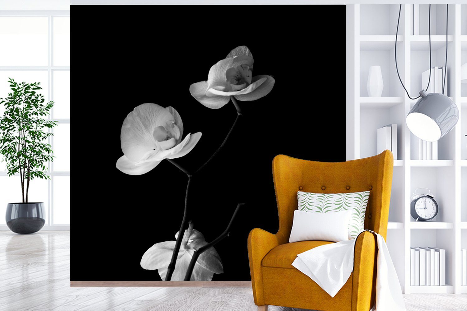 bedruckt, Wohnzimmer Fototapete für - Vliestapete Blumen Stilleben, MuchoWow (4 - Weiß Matt, St), Schwarz Küche, - Fototapete Orchidee Schlafzimmer -