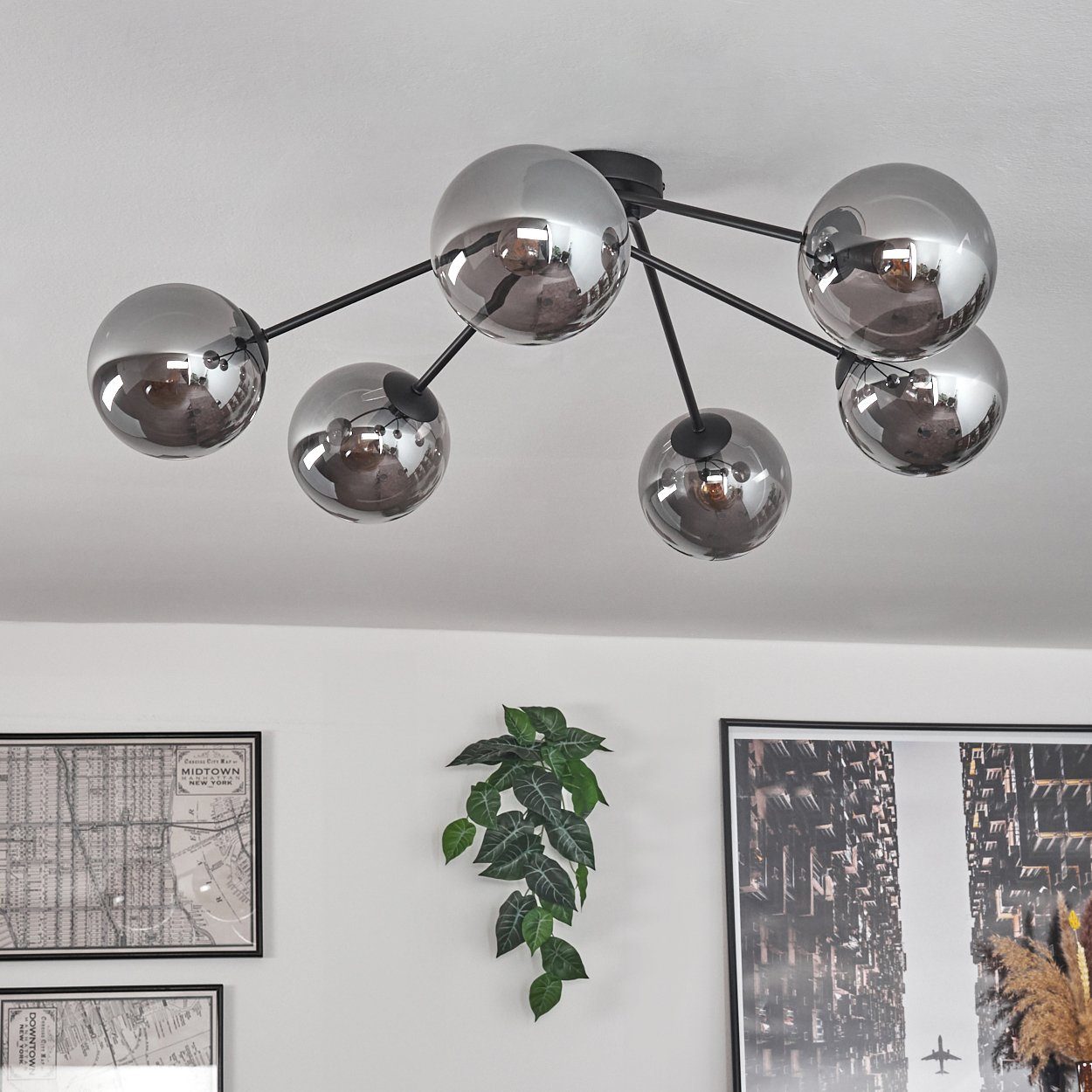 hofstein Deckenleuchte Deckenlampe aus Metall/Glas in Schwarz/Rauchfarben, ohne Leuchtmittel, moderne Leuchte mit Glasschirmen (15 cm), 6 x E14, ohne Leuchtmittel