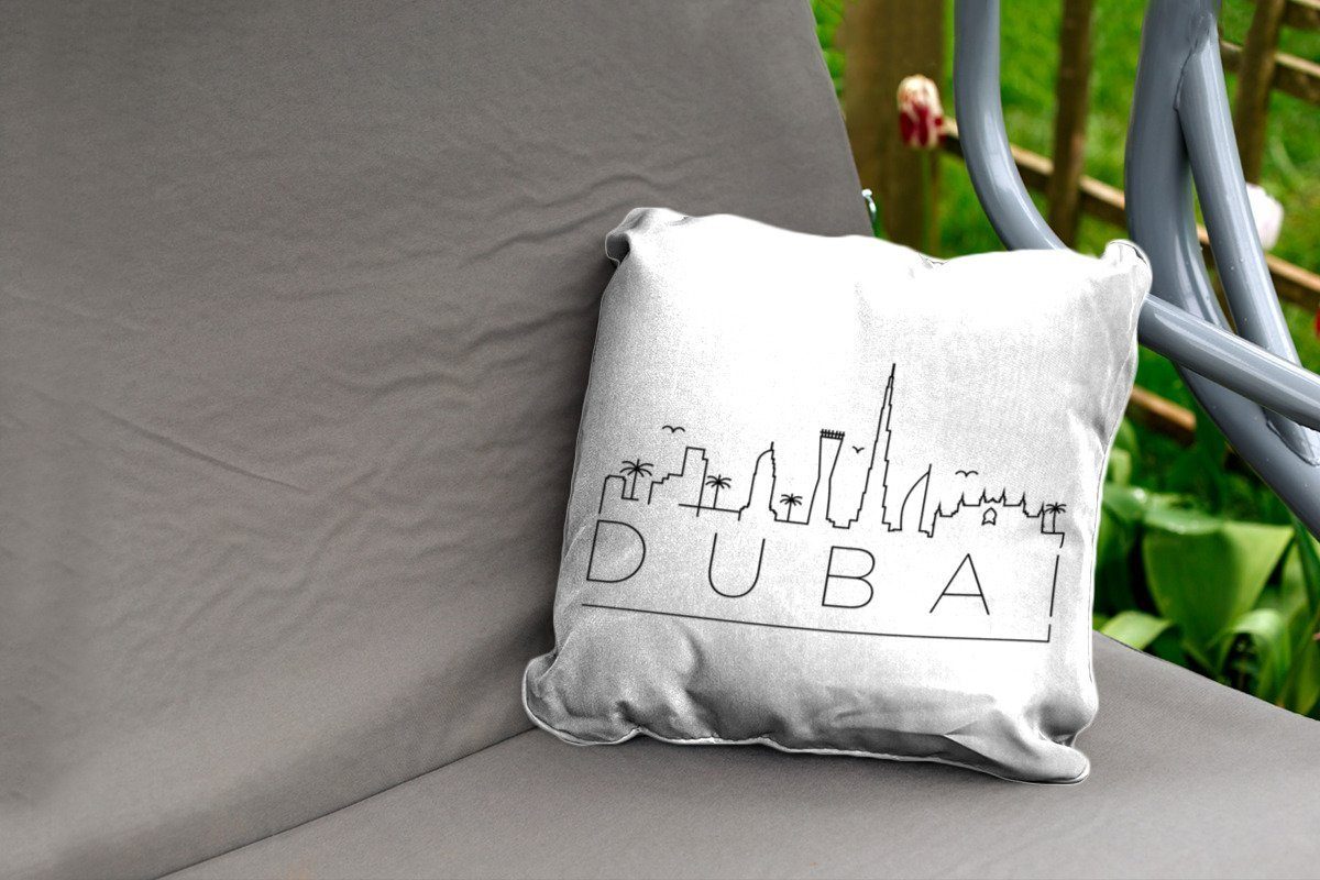Dekokissen, Kissenbezüge, Outdoor Dekokissen schwarz Dekokissenbezug, Skyline auf Kissenhülle, weiß, MuchoWow "Dubai"