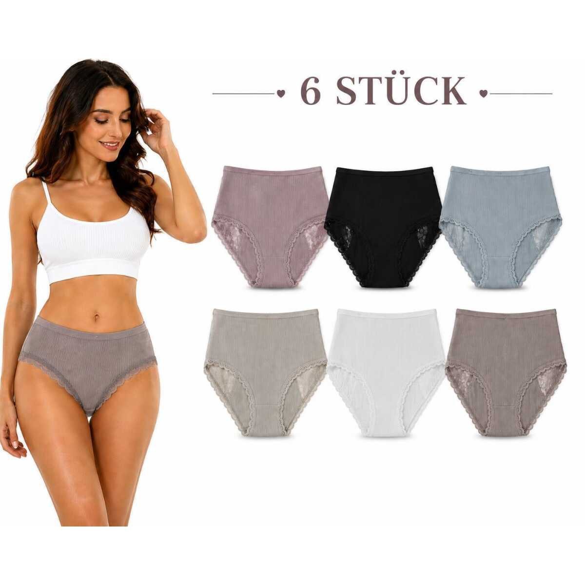EloModa Taillenslip Damen Slips 6er Pack Baumwolle Ripp mit Spitze hoher Bund Mix4 L (6-St) atmungsaktiv, hautfreundlich, elastisch, formbeständig
