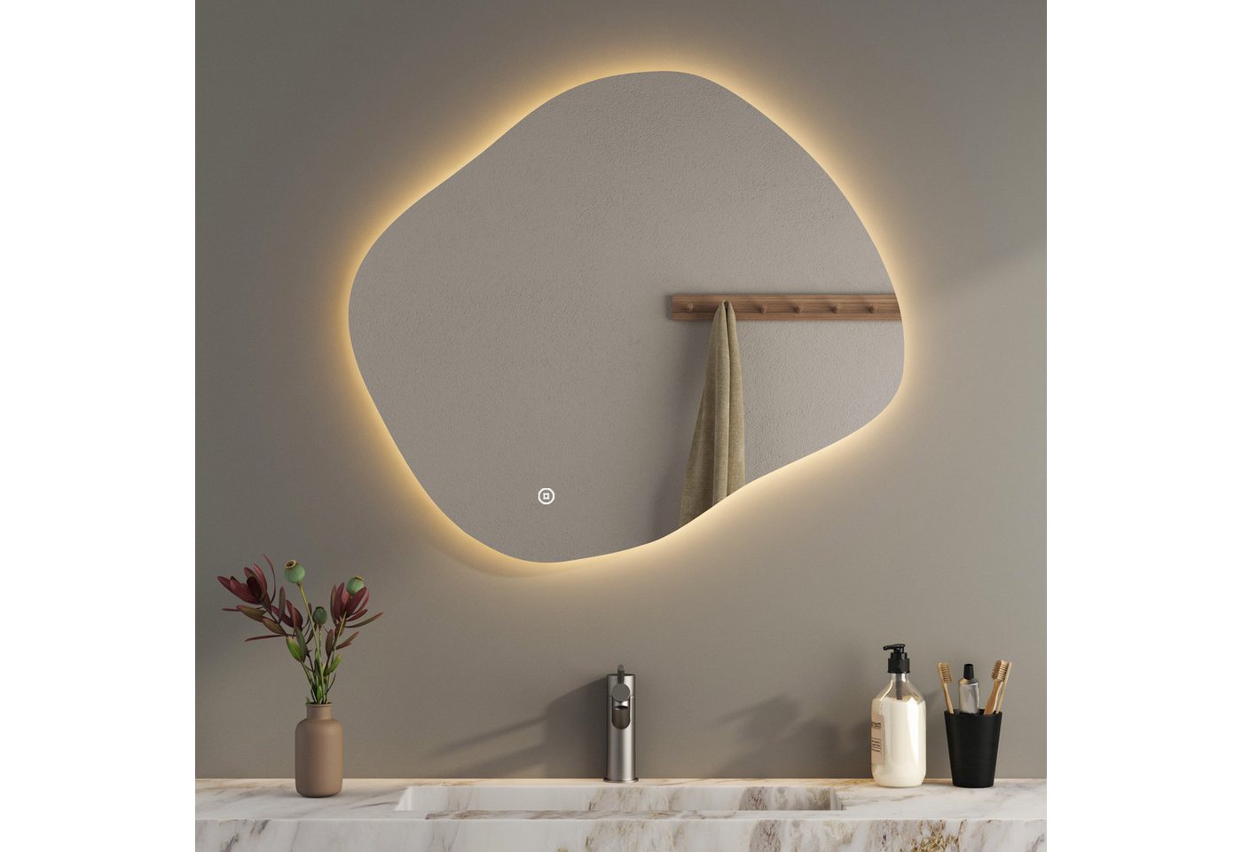 WDWRITTI Schminkspiegel Wand Kosmetikspiegel Wandmontage Wandspiegel Asymmetrisch Steinform (Dekospiegel Flurspiegel Modern Rahmenlos, 80x80, 60x60, 84x74,74x64cm), HD Spiegel mit Splitterschutzfolie