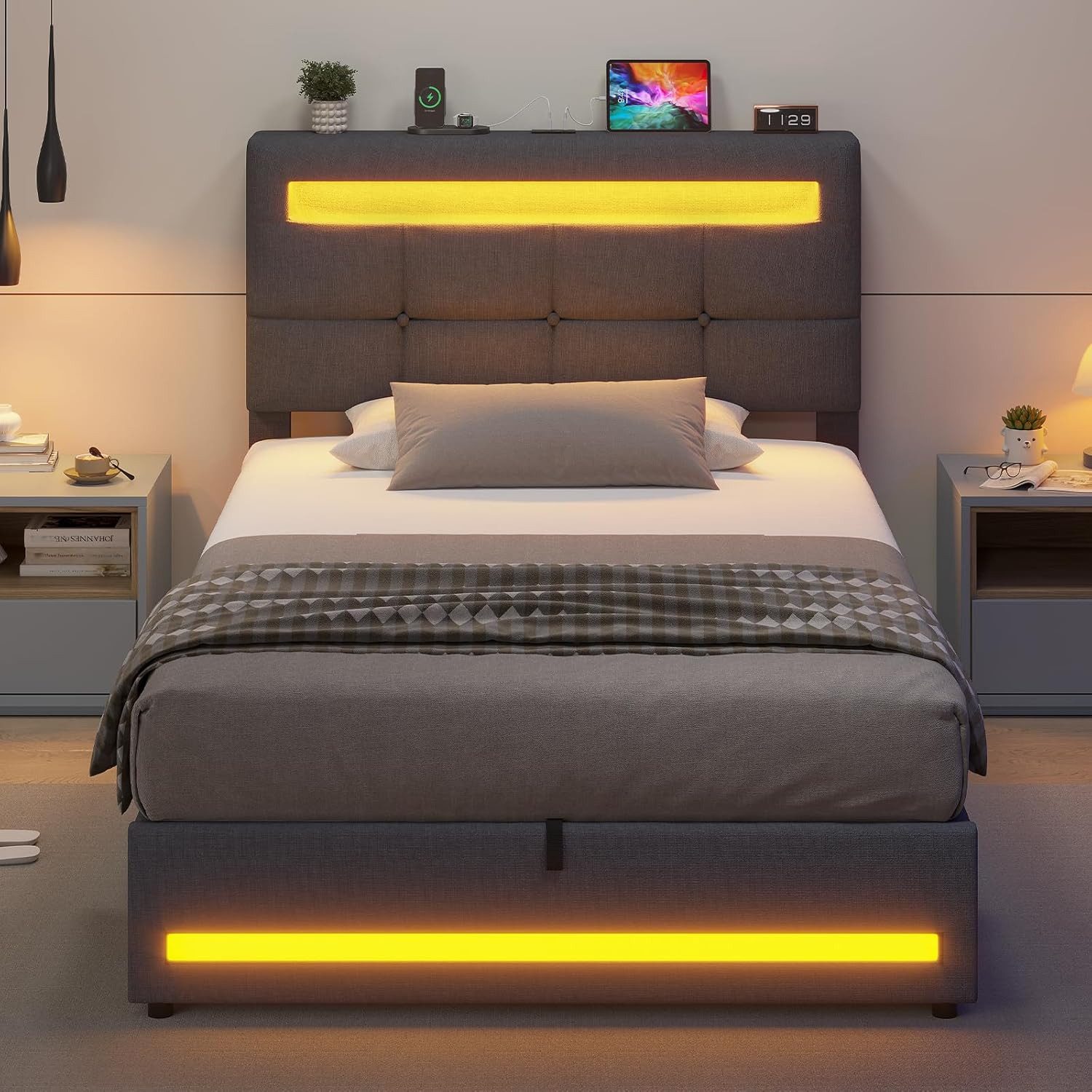 MSMASK Polsterbett Hydraulisches Stauraumbett mit höhenverstellbarem Kopfteil, Funktionsbett, Jugendbett mit LED-Beleuchtung und Ladeanschlüssen