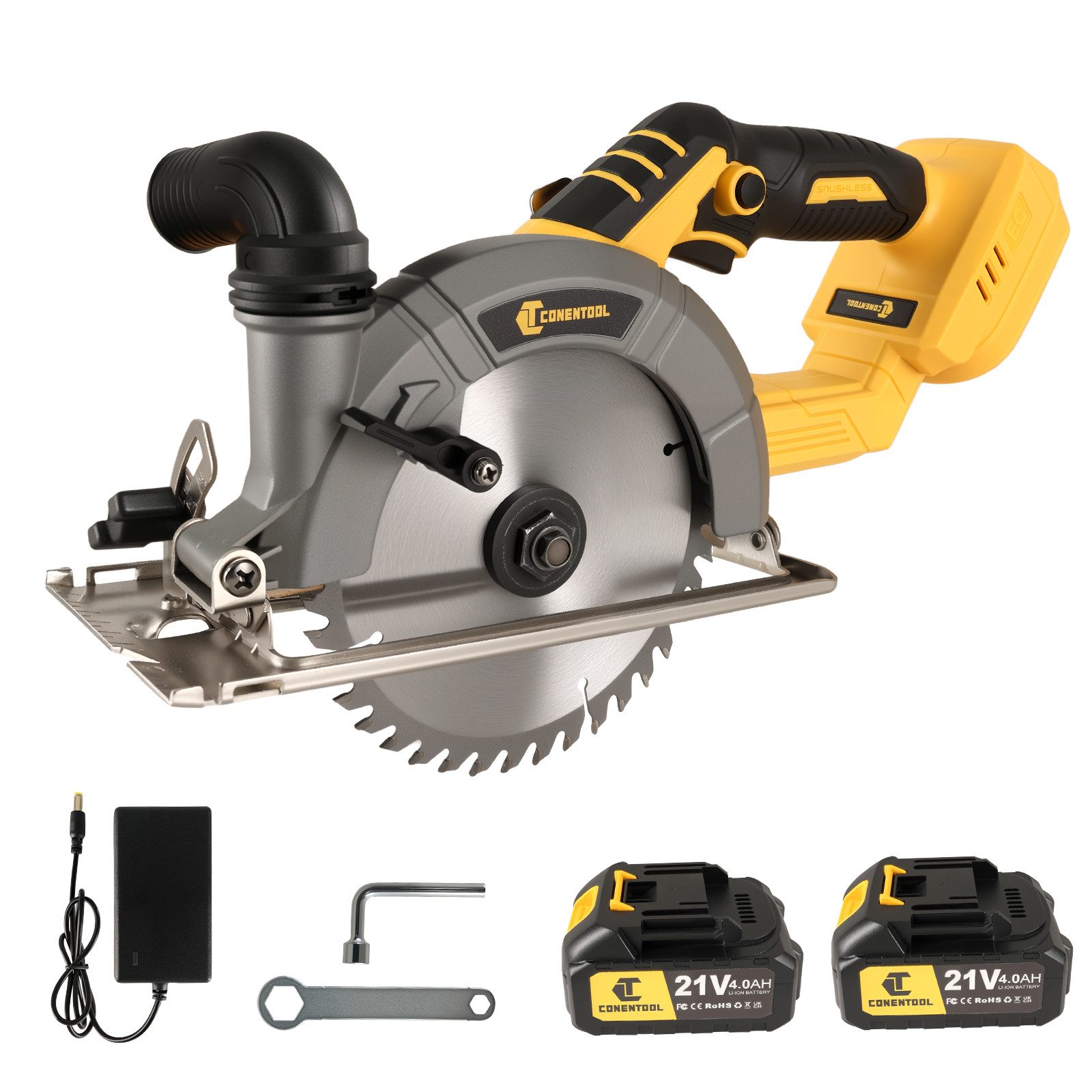 CONENTOOL Akku-Handkreissäge Bürstenlose Akku-Kreissäge 21V, Set, 2x Akku(4.0Ah)und Ladegerät, 165mm Manganstahl - Sägeblatt, für Holz, Weichmetall, Kunststoff