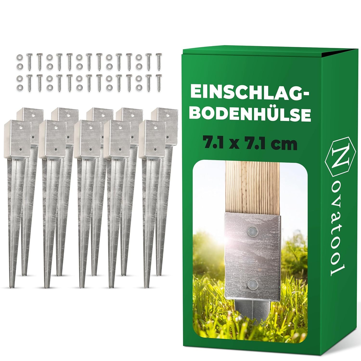 Novatool Einschlag-Bodenhülse 31074-10x, Novatool 10x Einschlagbodenhülsen-Set 71x71x750mm Bodenhülse Sonnensch
