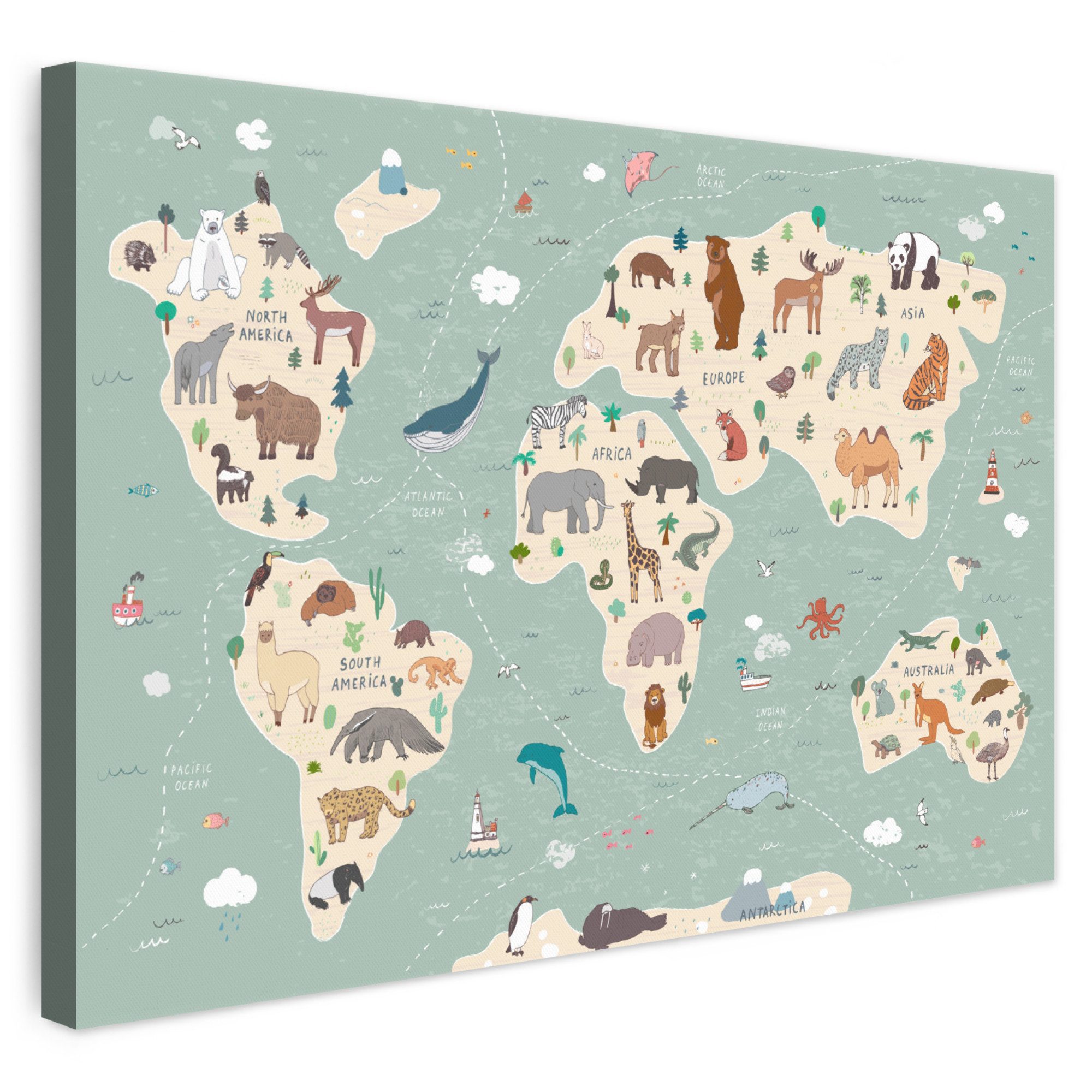 OneMillionCanvasses® Leinwandbild Erde - Weltkarte Kinder - Tiere - Jungen - Mädchen - Blau, Fotodruck (1 St), Leinwand Bilder Klein, Wand Dekoration Aesthetic 30x20 cm