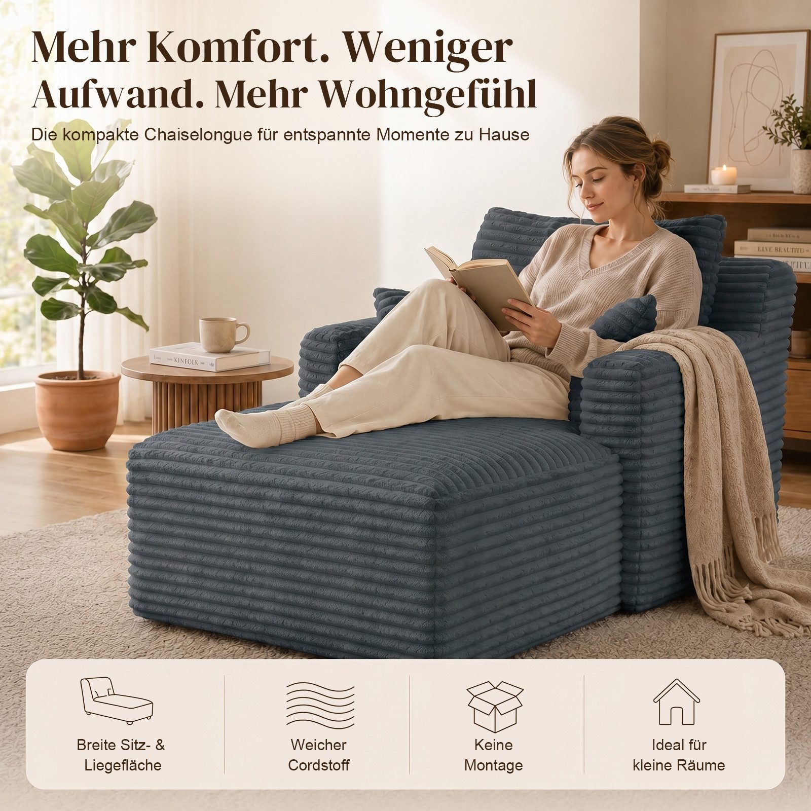 ANYSUN Loungesofa Modernes Chaiselongue-Sofa,Cord-Schlafsofa, 2 Kissen,Relaxsessel Cord, ohne Montage mit Taschenfederkern & Schaumstoffpolsterung,Loungesofa, L – Bild 5 von 5