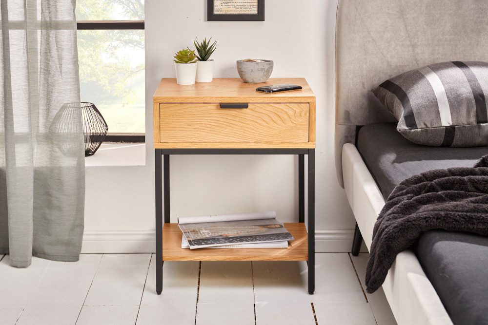 riess-ambiente Nachttisch ELEMENTS 40cm natur / schwarz (Einzelartikel, 1-St), Eichen-Design · Metall · mit Schublade · Industrial