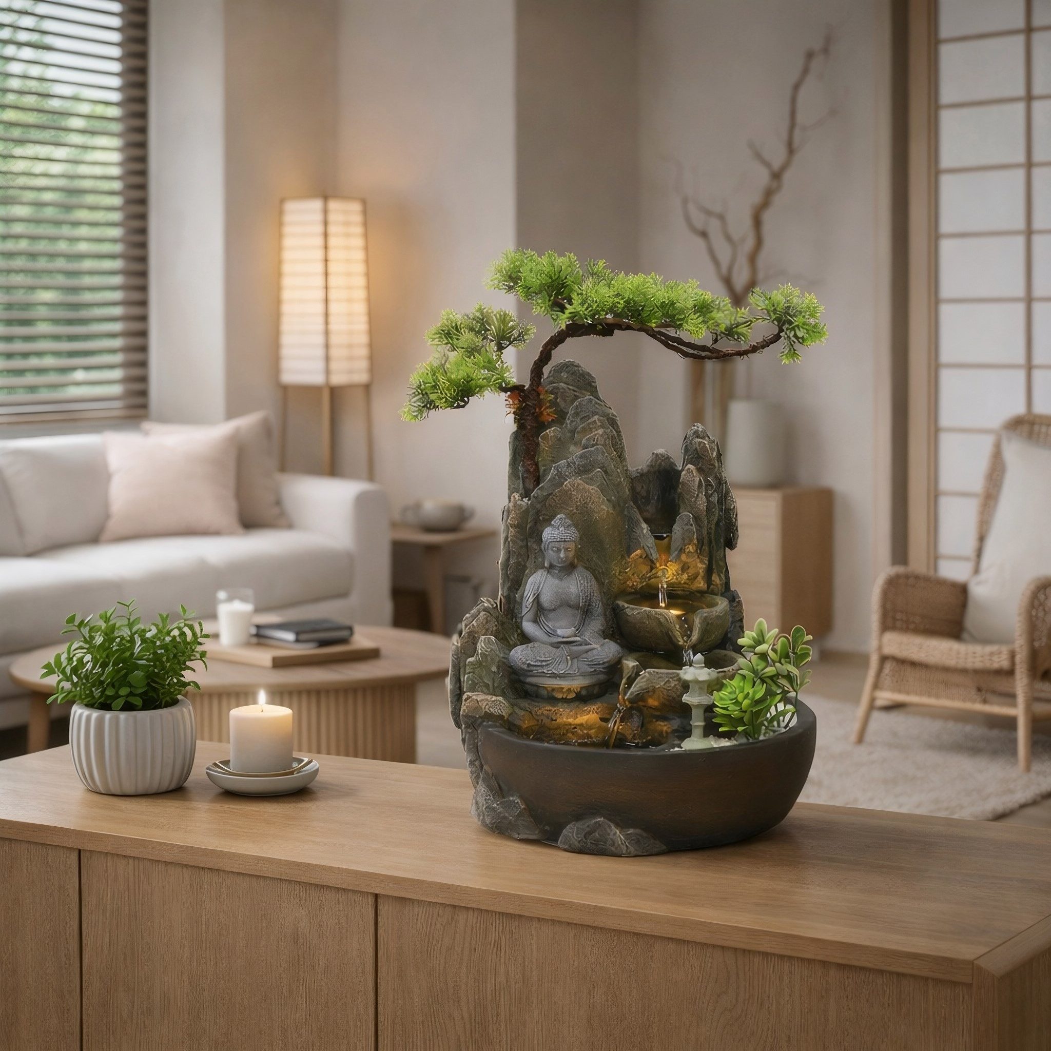 Wacredo Zimmerbrunnen Premium Zimmerbrunnen Komplettset Buddha, Wasserbecken BxT: 25x26 cm, Gesamtmaß: 26 x 25 x 32cm (L x B x H)