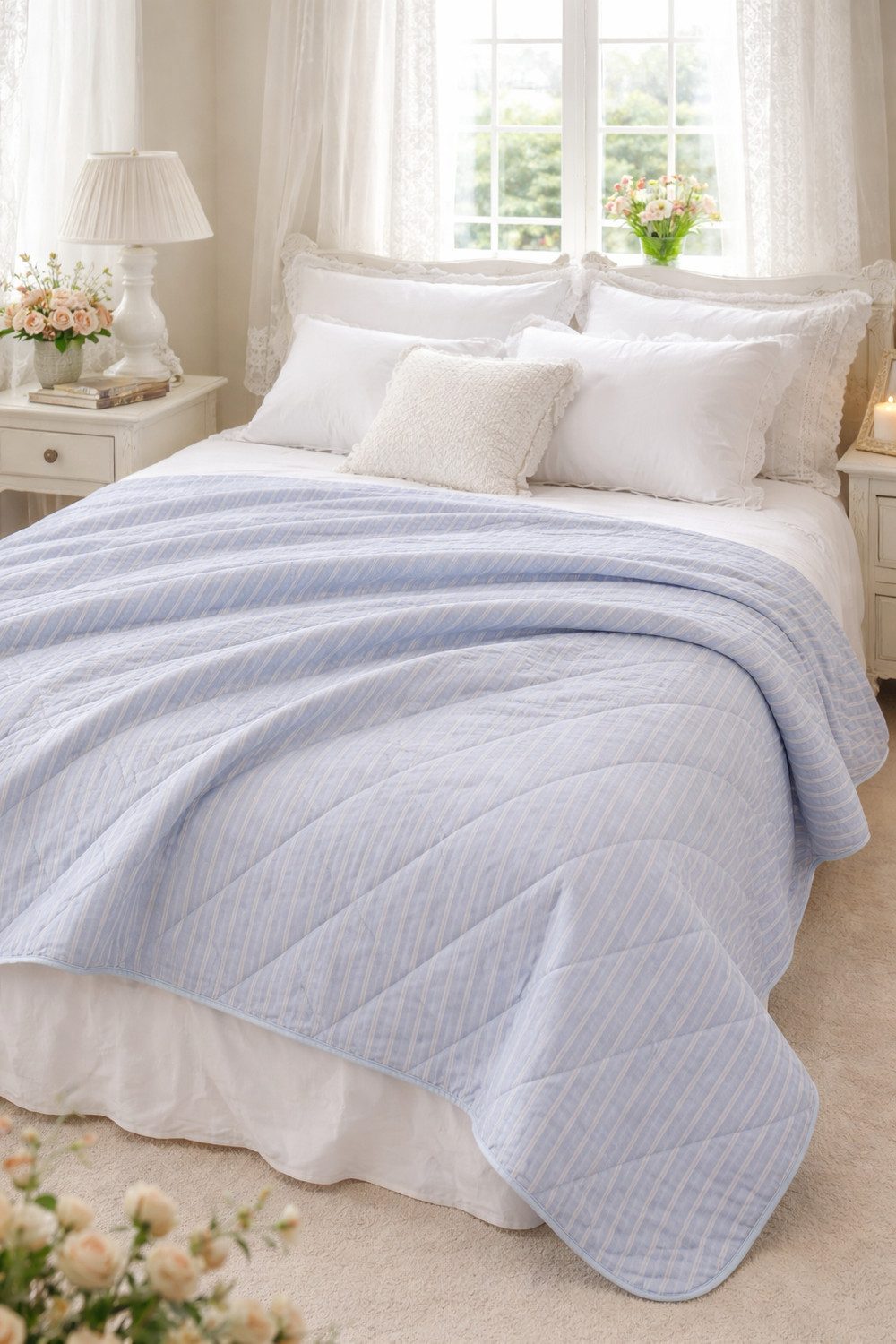 Wohndecke double stripe-light blue, AU Maison, Quilt-Optik aus Baumwolle 140 × 180 cm