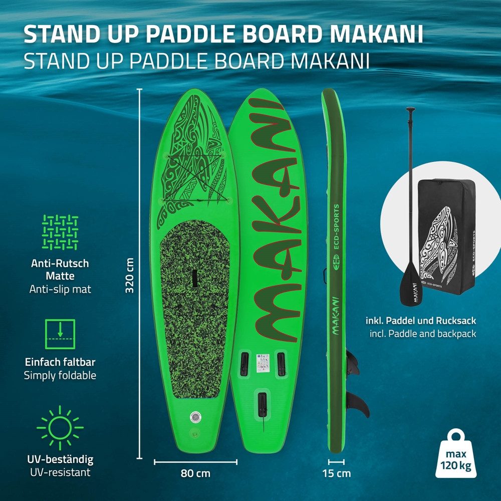 ECD Germany SUP-Board Stand Up Paddle Board aus PVC Paddelboard Paddling Board, Stand-Up Paddle-Board, SUP Board 320x80x15 cm 120 kg Traglast rutschfest grün inkl Zubehör